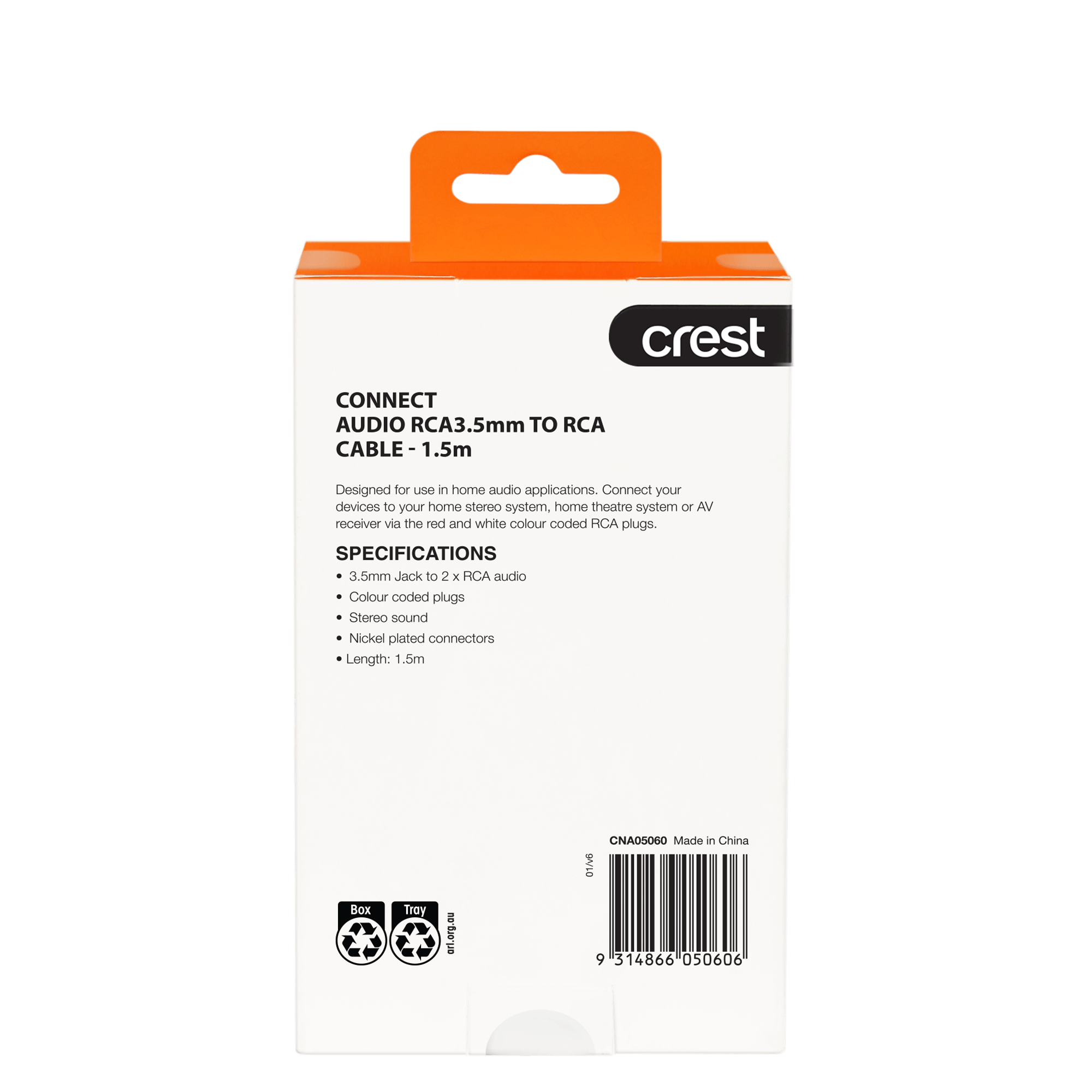 Stereo Audio Cable 3.5mm Plug To 2 x RCA Plugs 1.5M