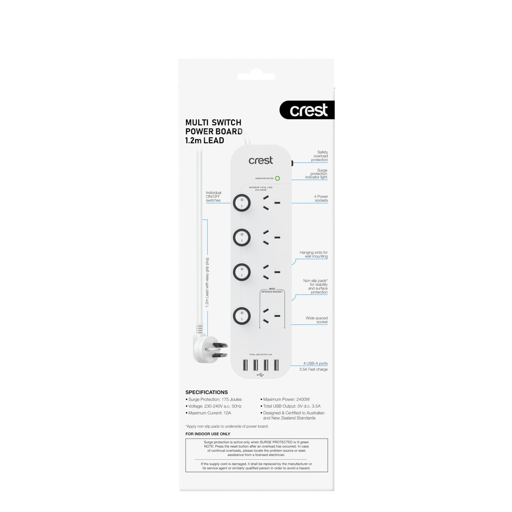 Power Board 4 Sockets with USB Charging