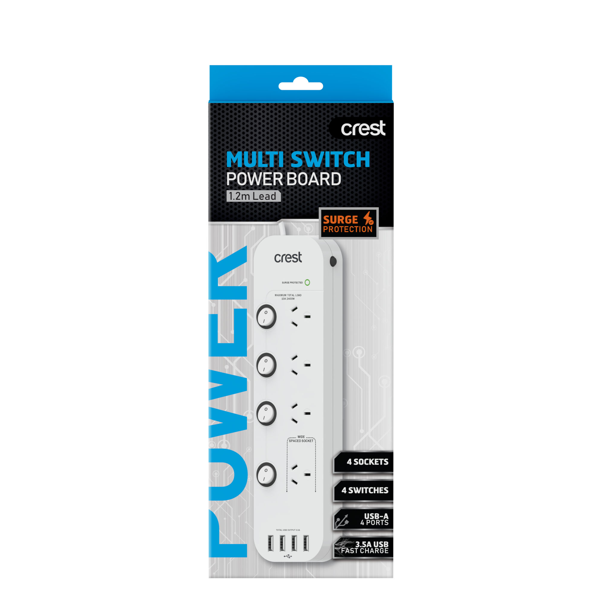 Power Board 4 Sockets with USB Charging