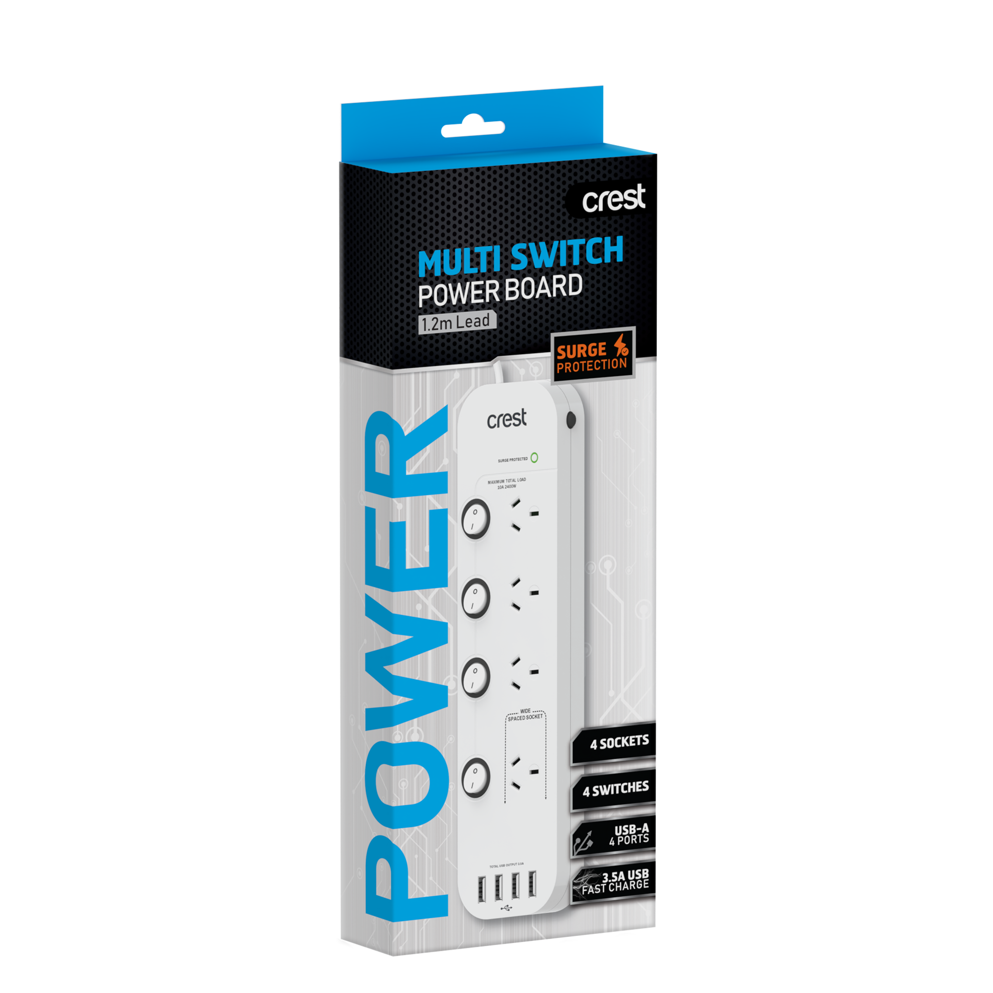 Power Board 4 Sockets with USB Charging