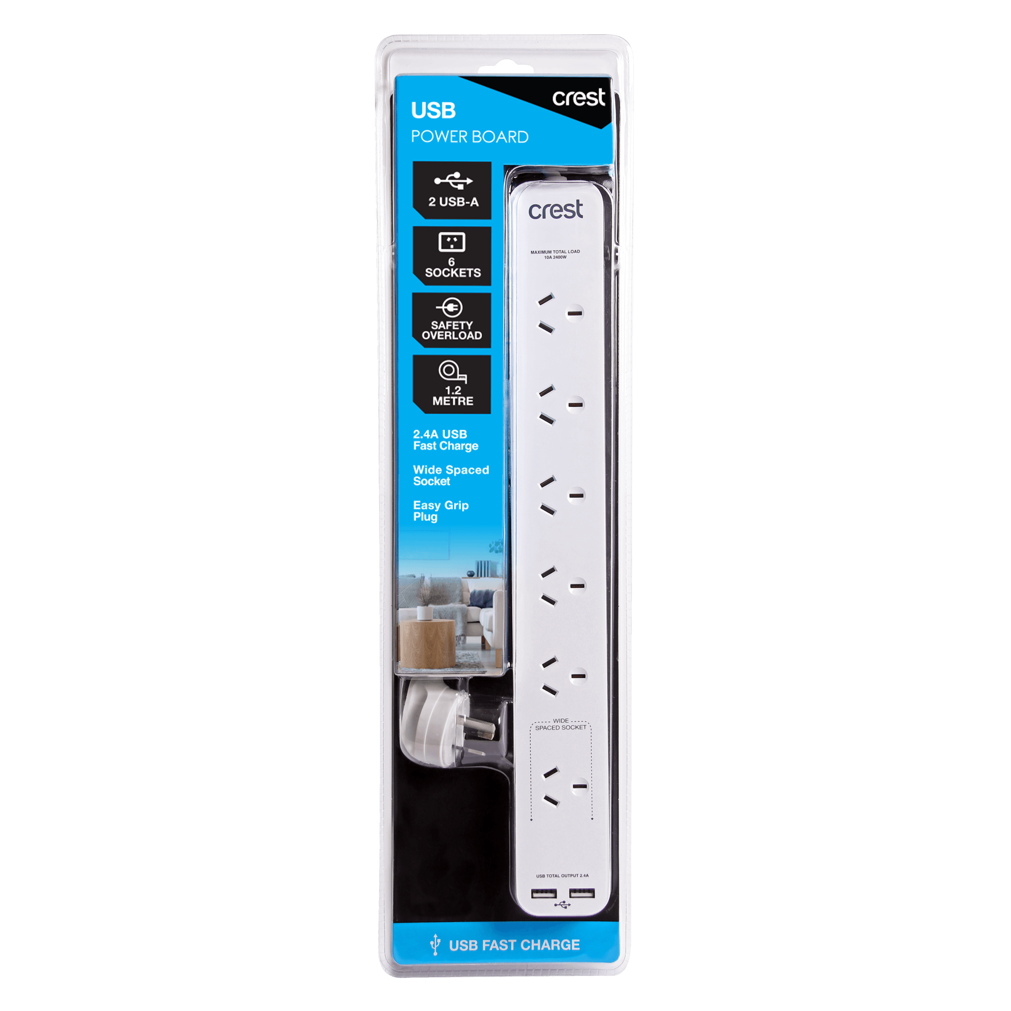 Power Board 6 Sockets with 2 USB Ports