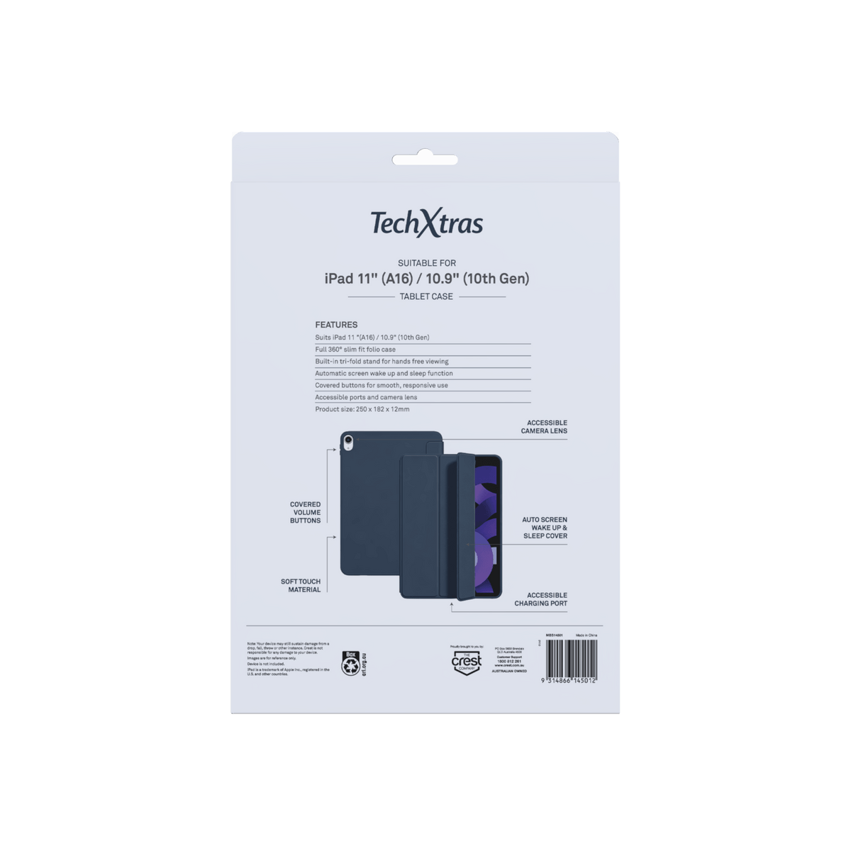 TechXtras Tablet Folio Case iPad 11" A16/10.9" 10th Gen - Navy