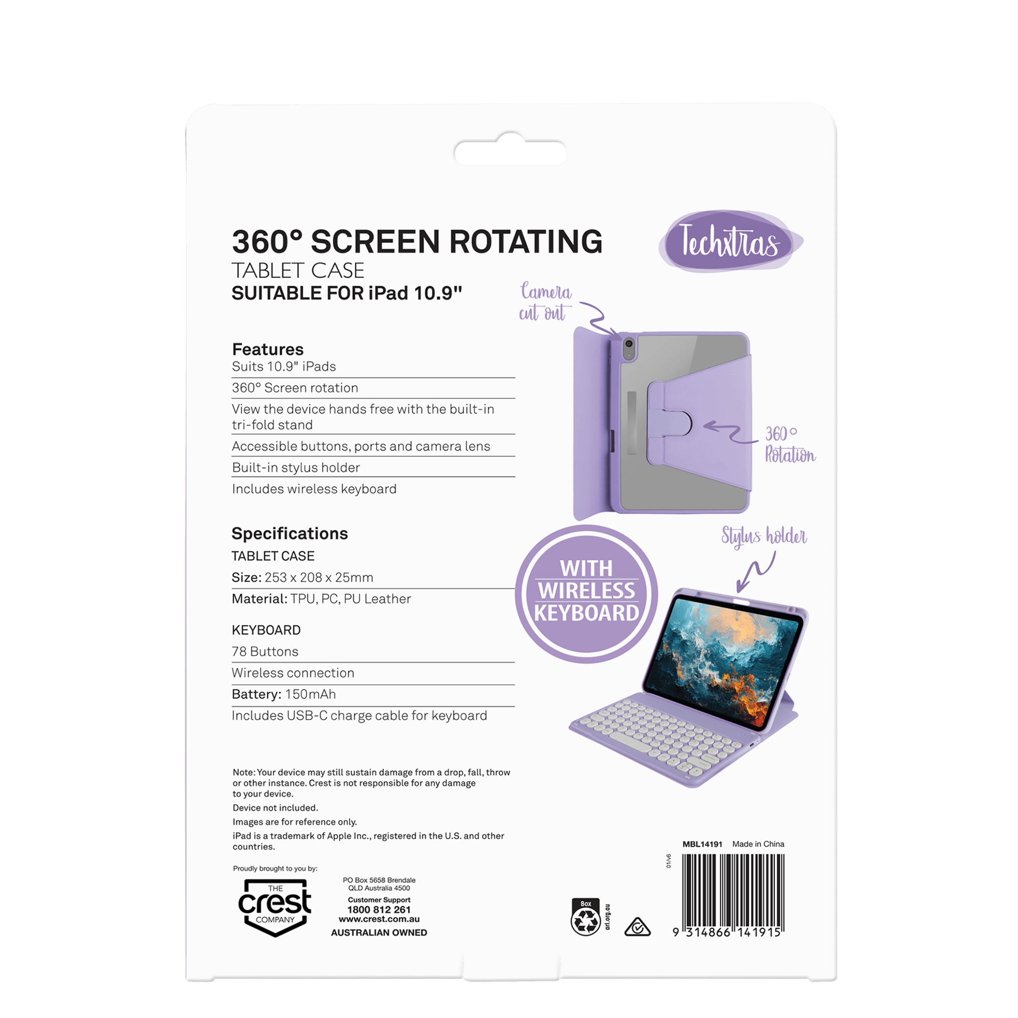 TechXtras 360° Screen Rotating Tablet Case iPad 10.9'' – Lavender