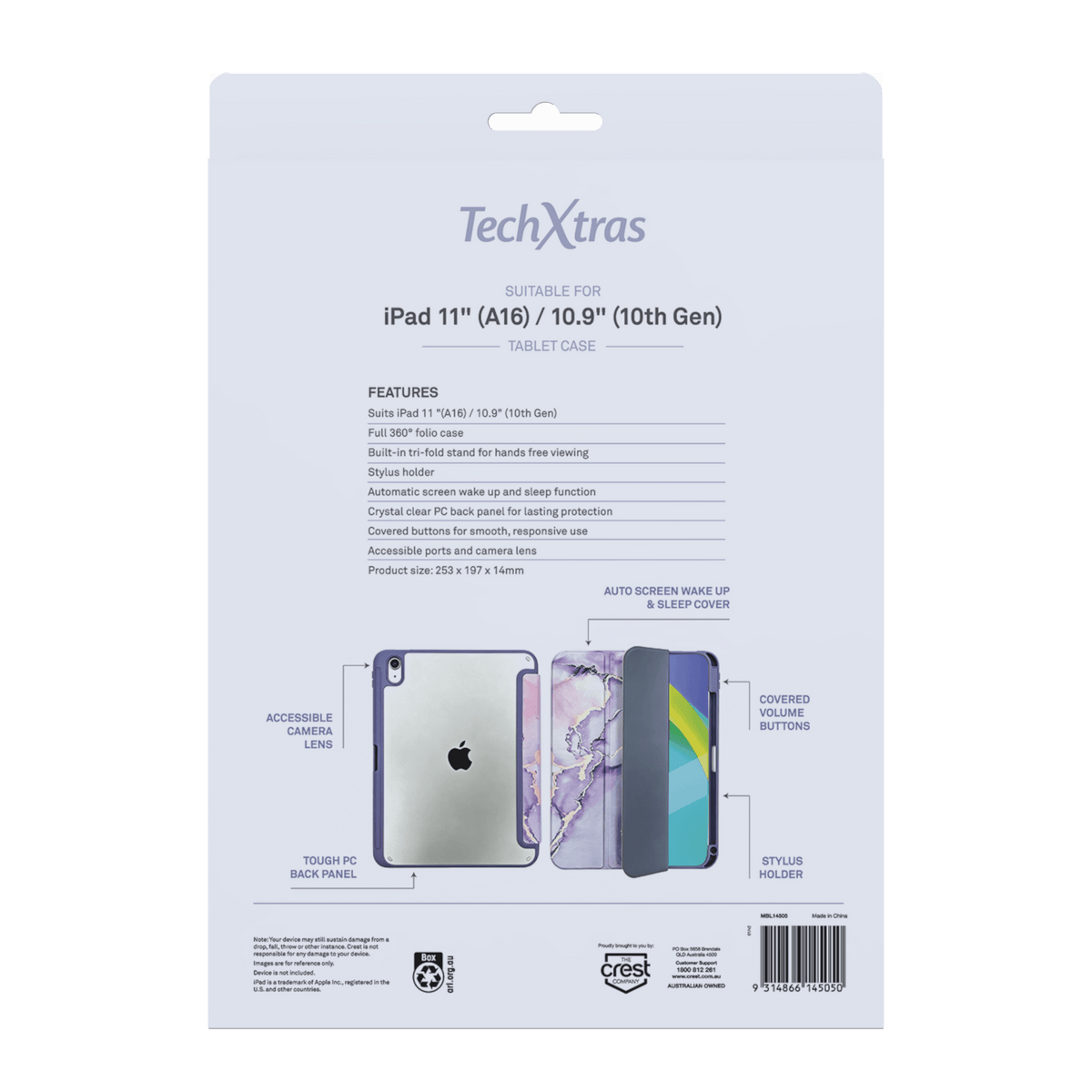 TechXtras Tablet Case Folio iPad 11" A16/10.9" 10th Gen - Marble Lavender