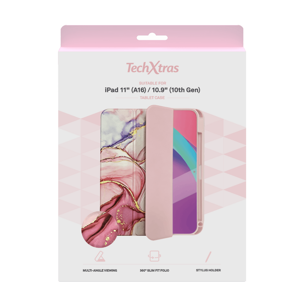 TechXtras Tablet Case Folio iPad 11" A16/10.9" 10th Gen - Marble Pink