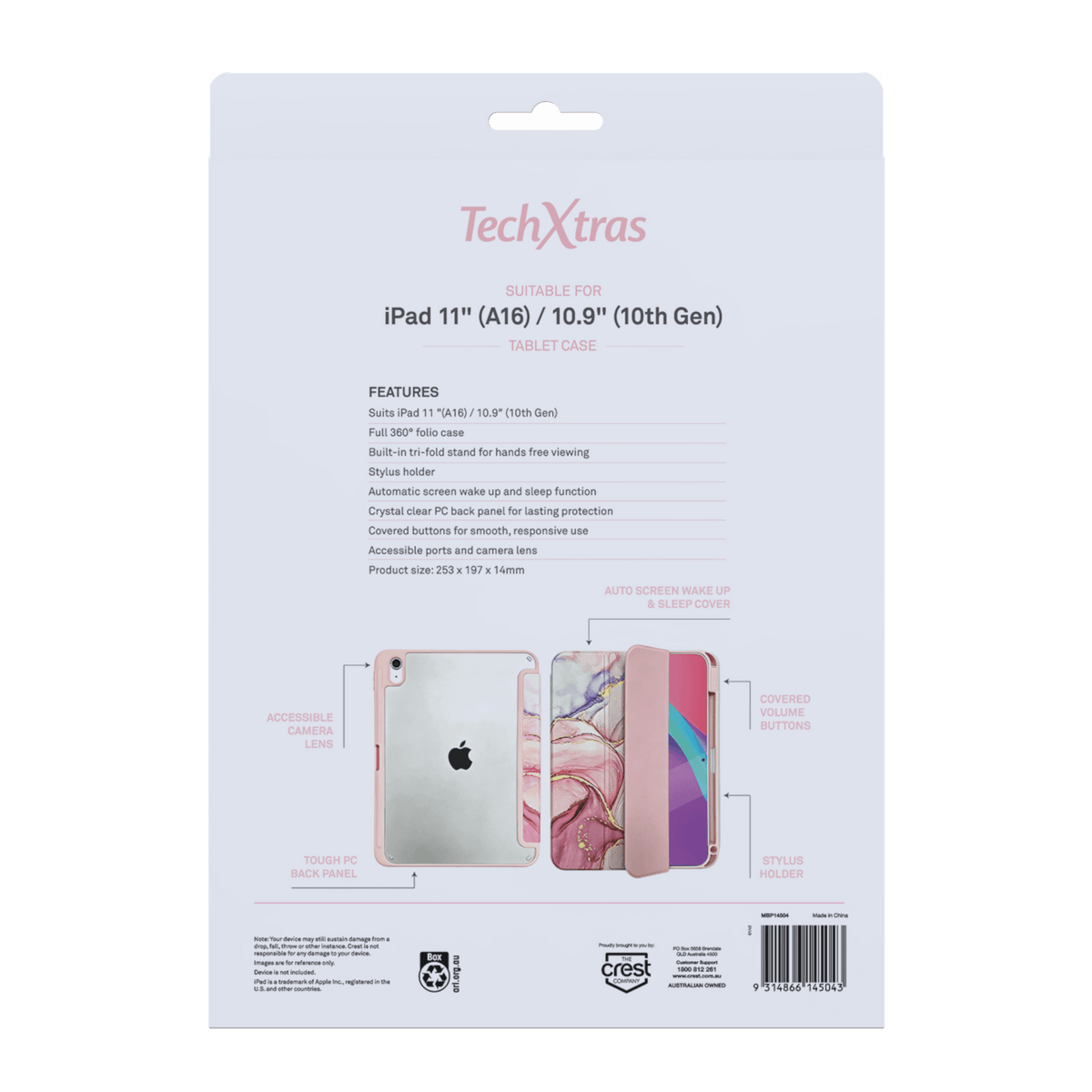 TechXtras Tablet Case Folio iPad 11" A16/10.9" 10th Gen - Marble Pink