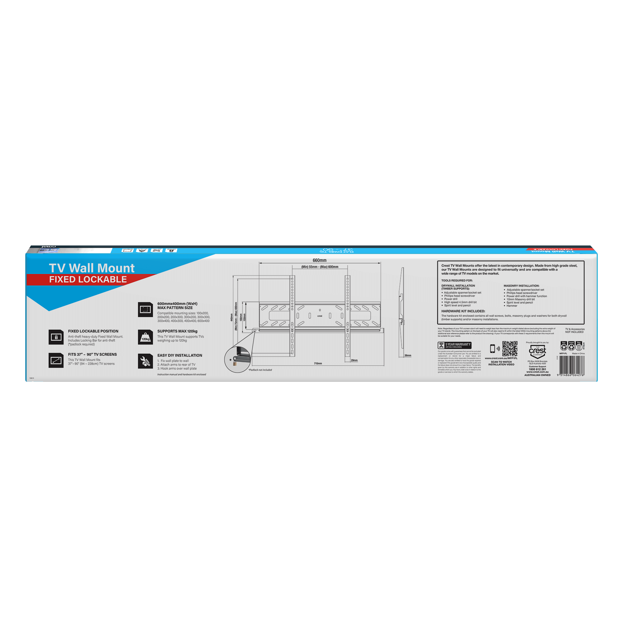 Lockable Fixed TV Wall Mount - 37" - 90"