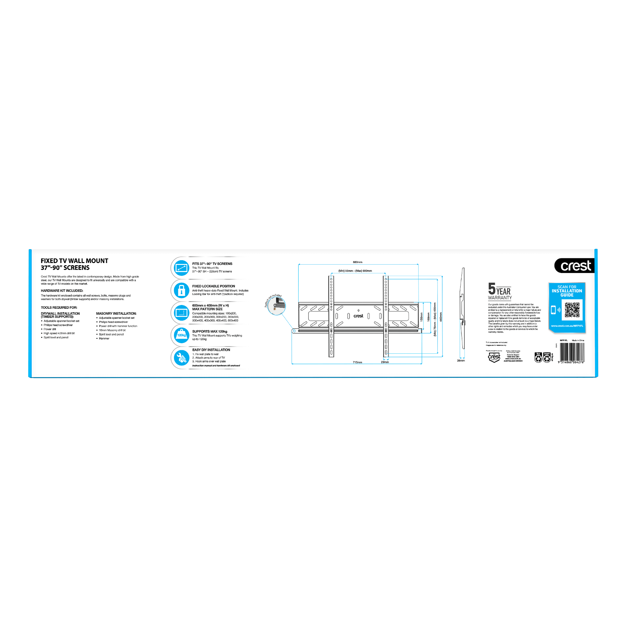 Lockable Fixed TV Wall Mount - 37" - 90"