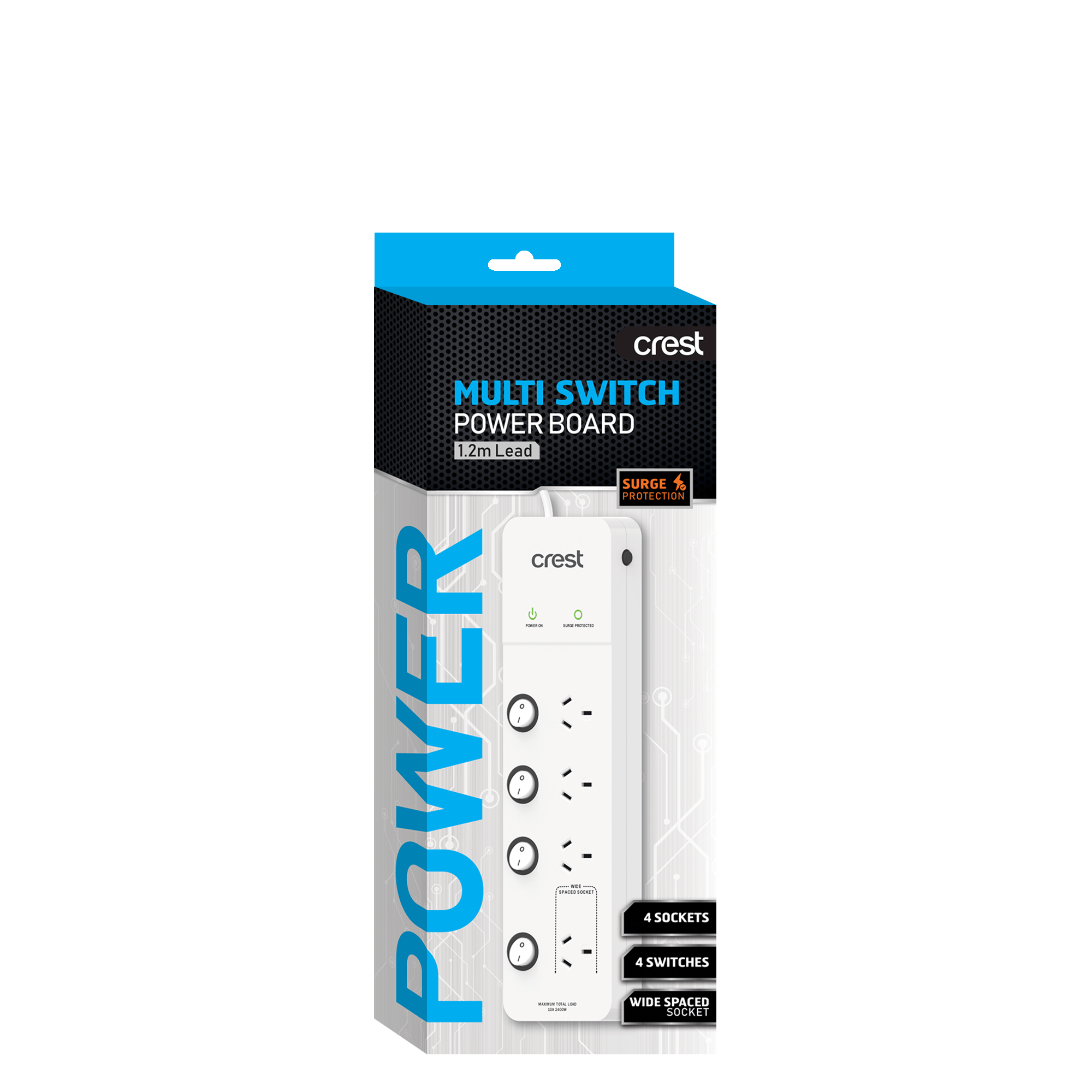 Power Board 4 Sockets with 4 Switches & Surge Protection