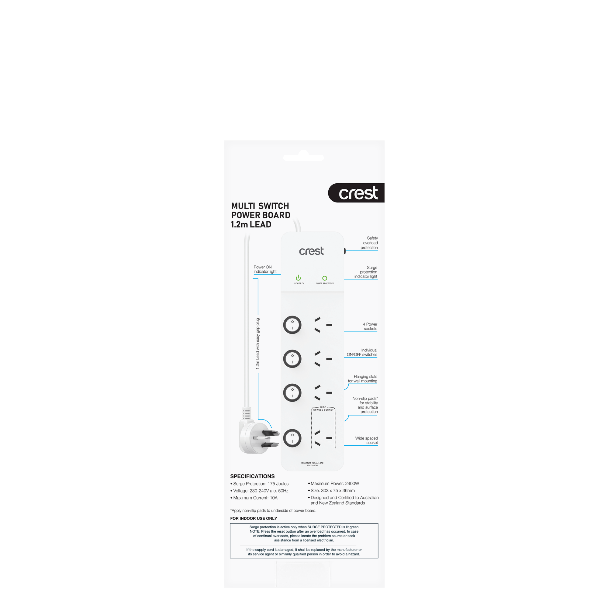 Power Board 4 Sockets with 4 Switches & Surge Protection