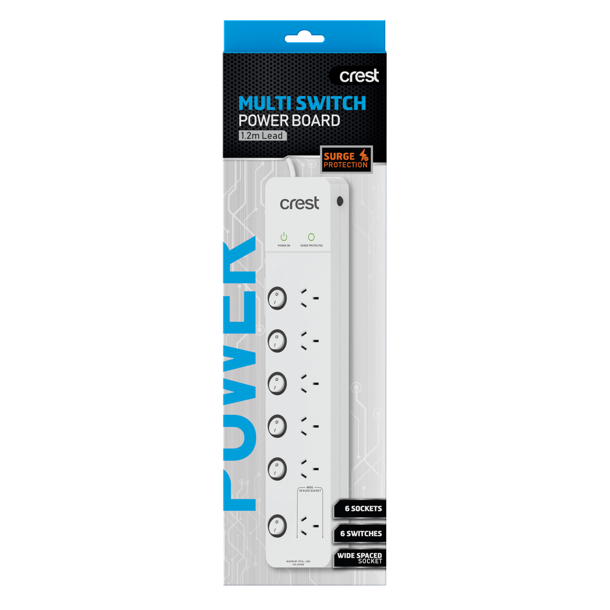Power Board 6 Sockets with 6 Switches & Surge Protection