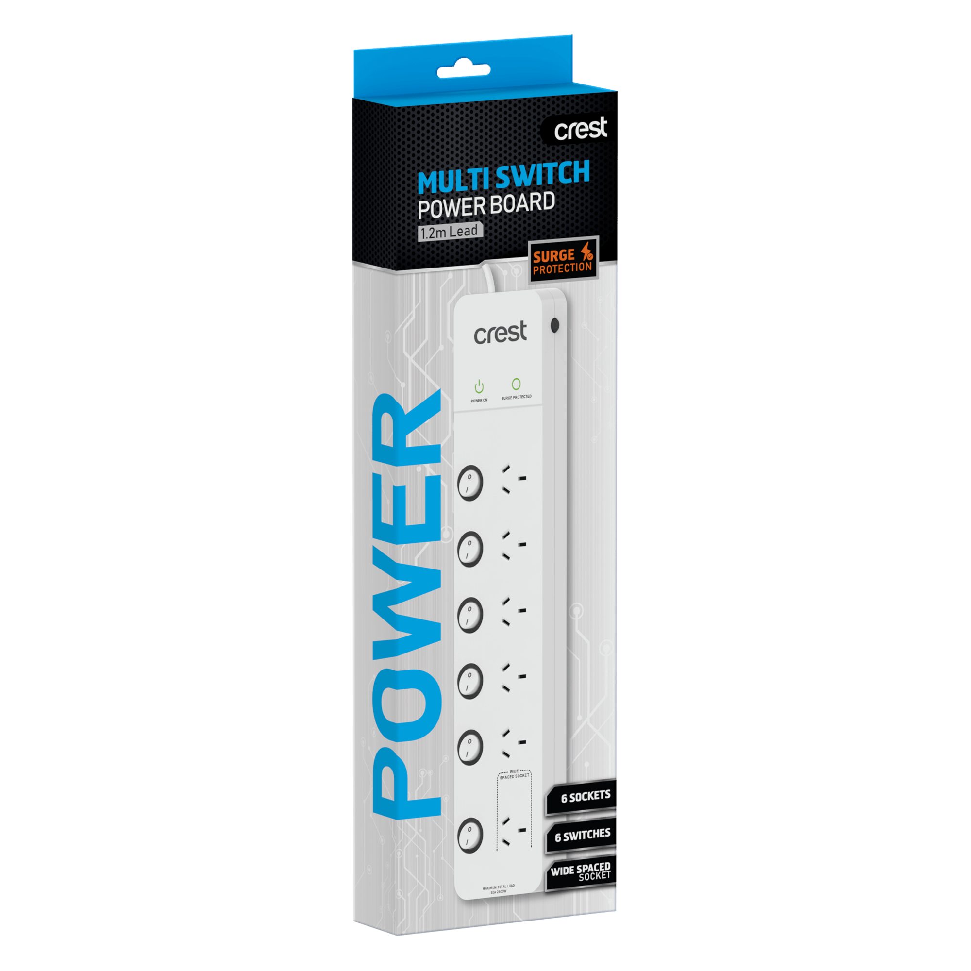 Power Board 6 Sockets with 6 Switches & Surge Protection