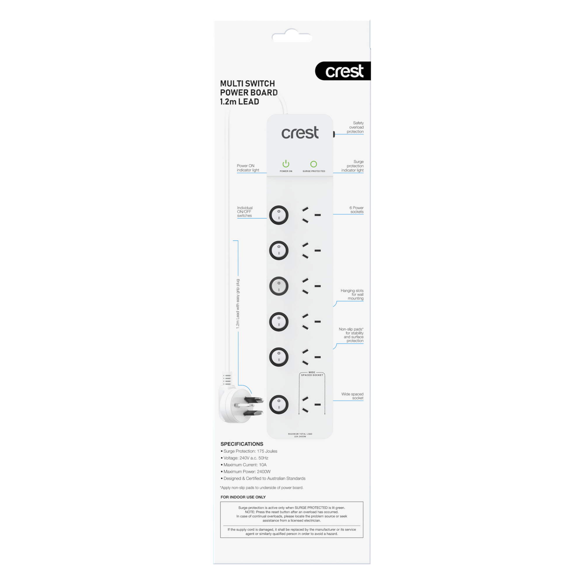 Power Board 6 Sockets with 6 Switches & Surge Protection