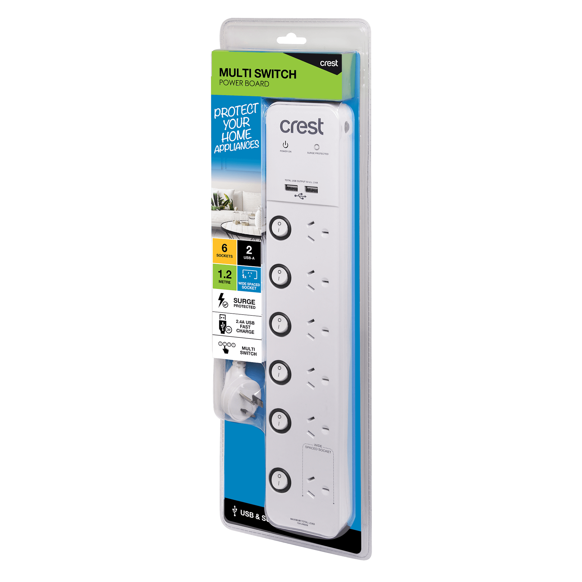 Power Board 6 Socket 6 Switch 2 USB Surge Protected