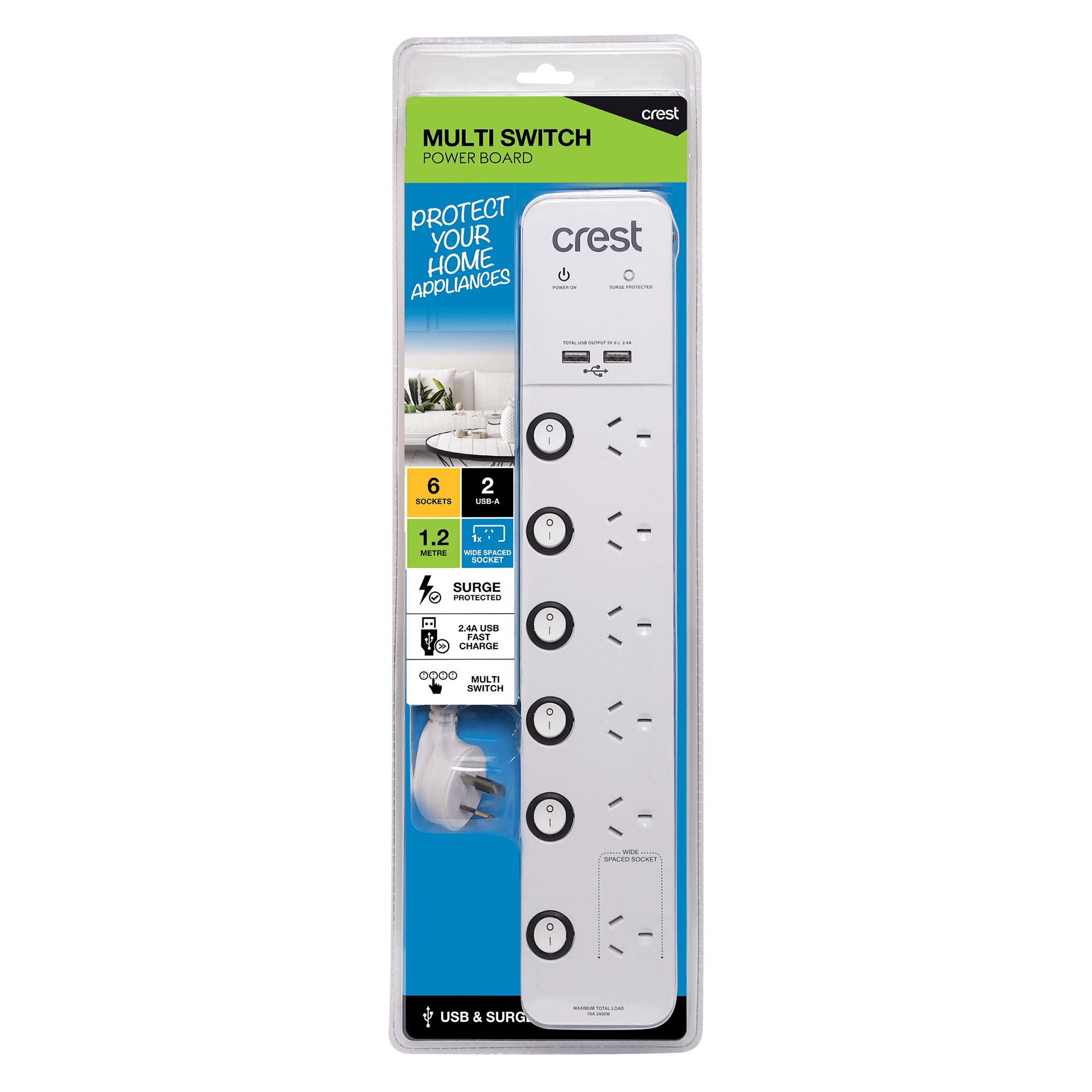 Power Board 6 Socket 6 Switch 2 USB Surge Protected