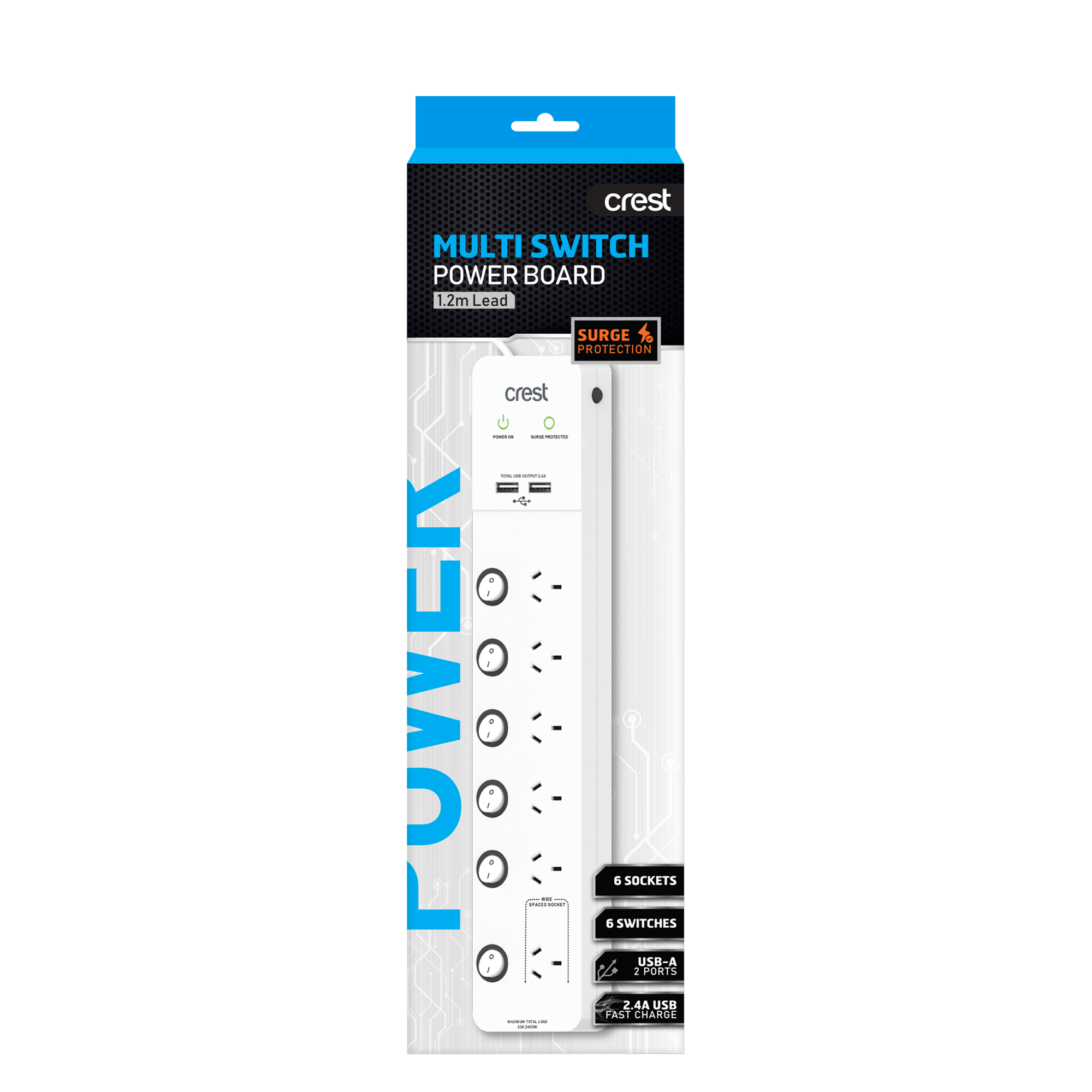 Power Board 6 Socket 6 Switch 2 USB Surge Protected