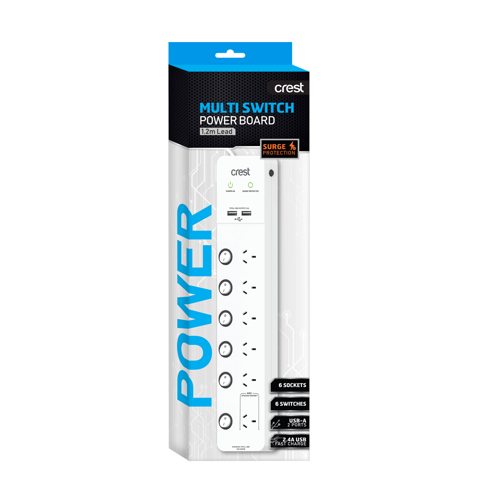 Power Board 6 Socket 6 Switch 2 USB Surge Protected
