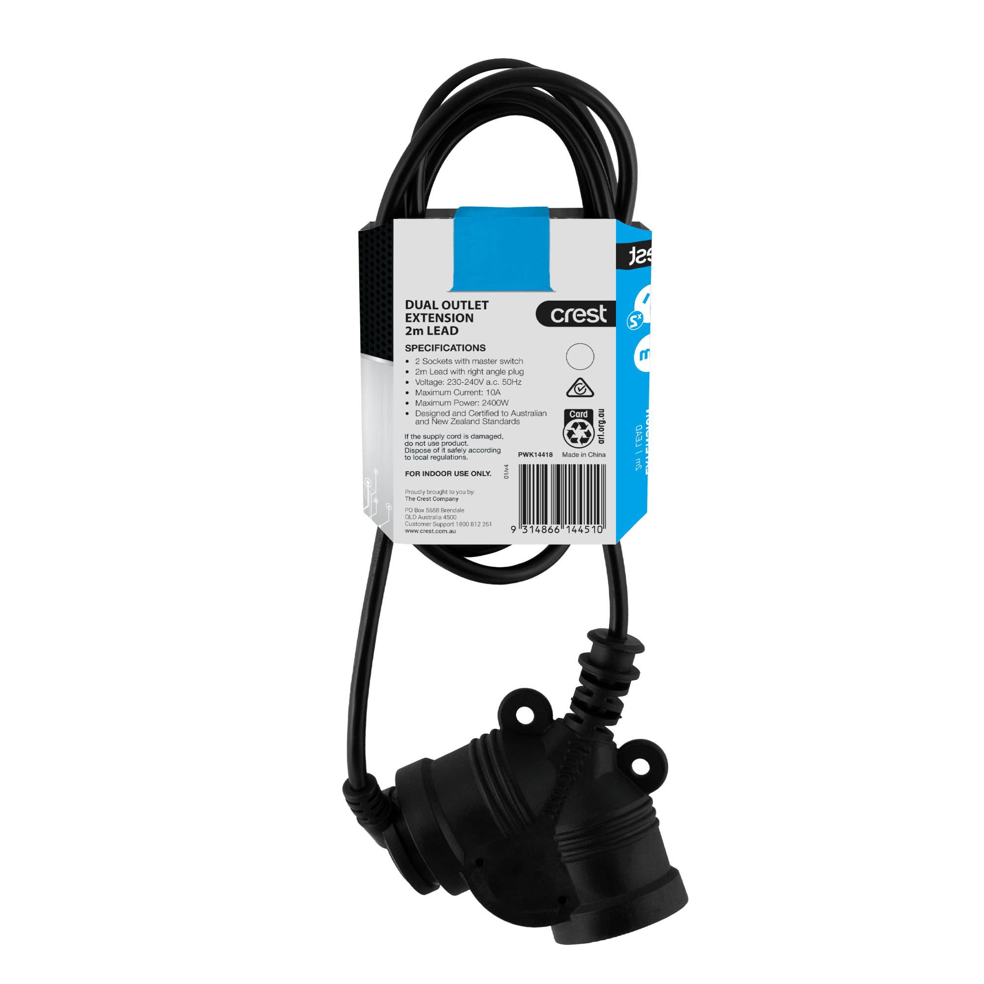 Extension Lead 2 Sockets with Master Switch - 2M - Black