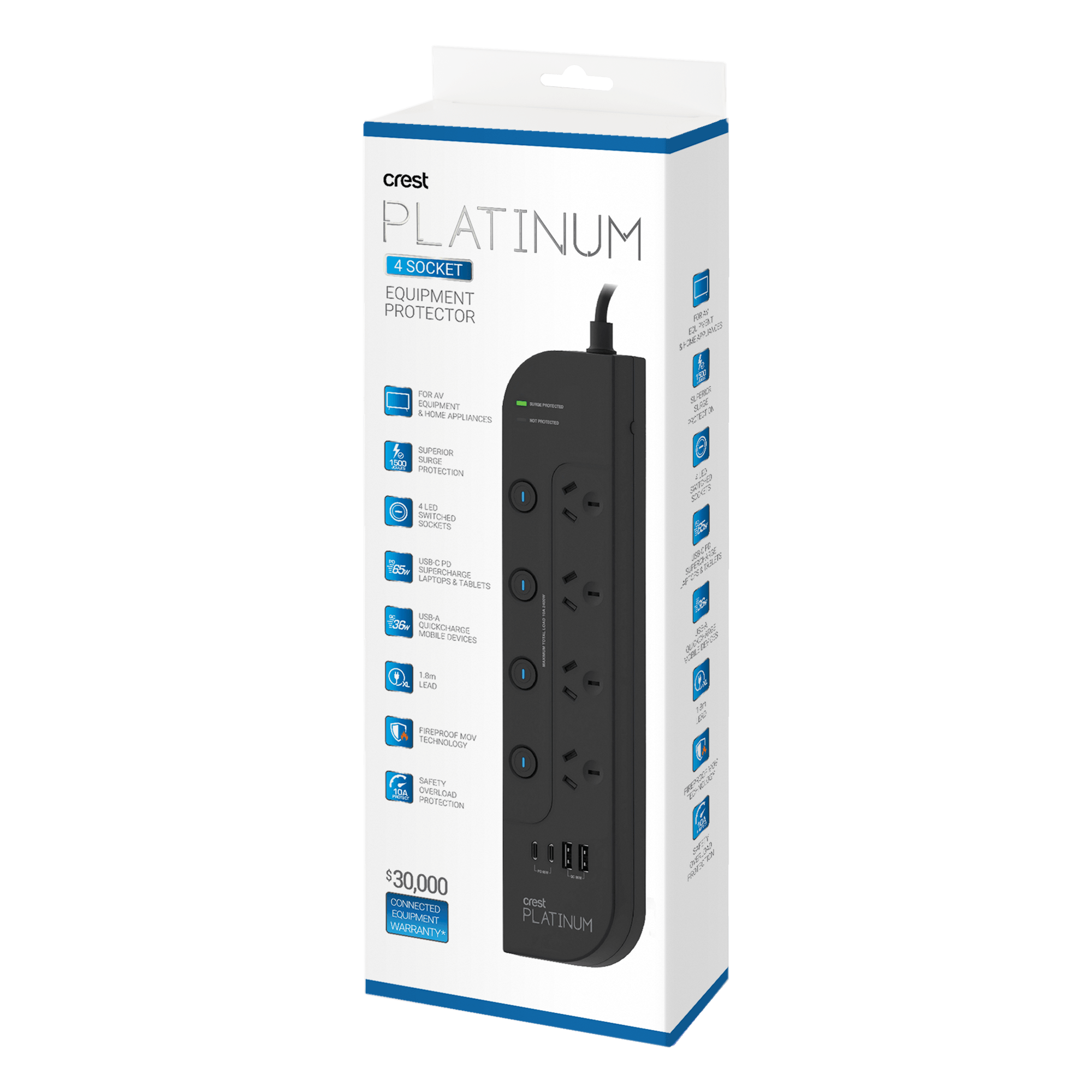 Platinum Surge Protector 4 Socket Switched Power Board with 4 USB Ports PD 65W - 1.8M