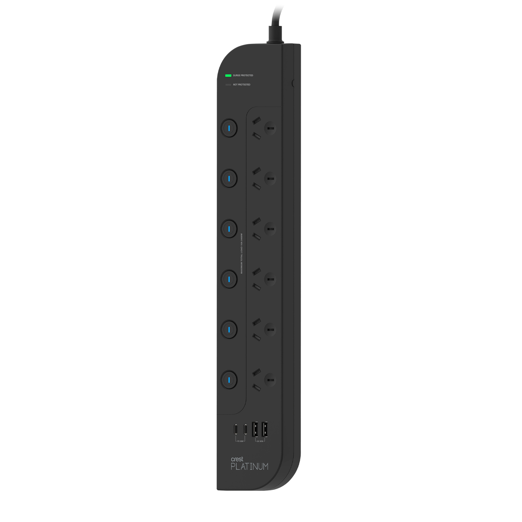 Platinum Surge Protector 6 Socket Switched Power Board with 4 USB Ports PD 65W - 1.8M