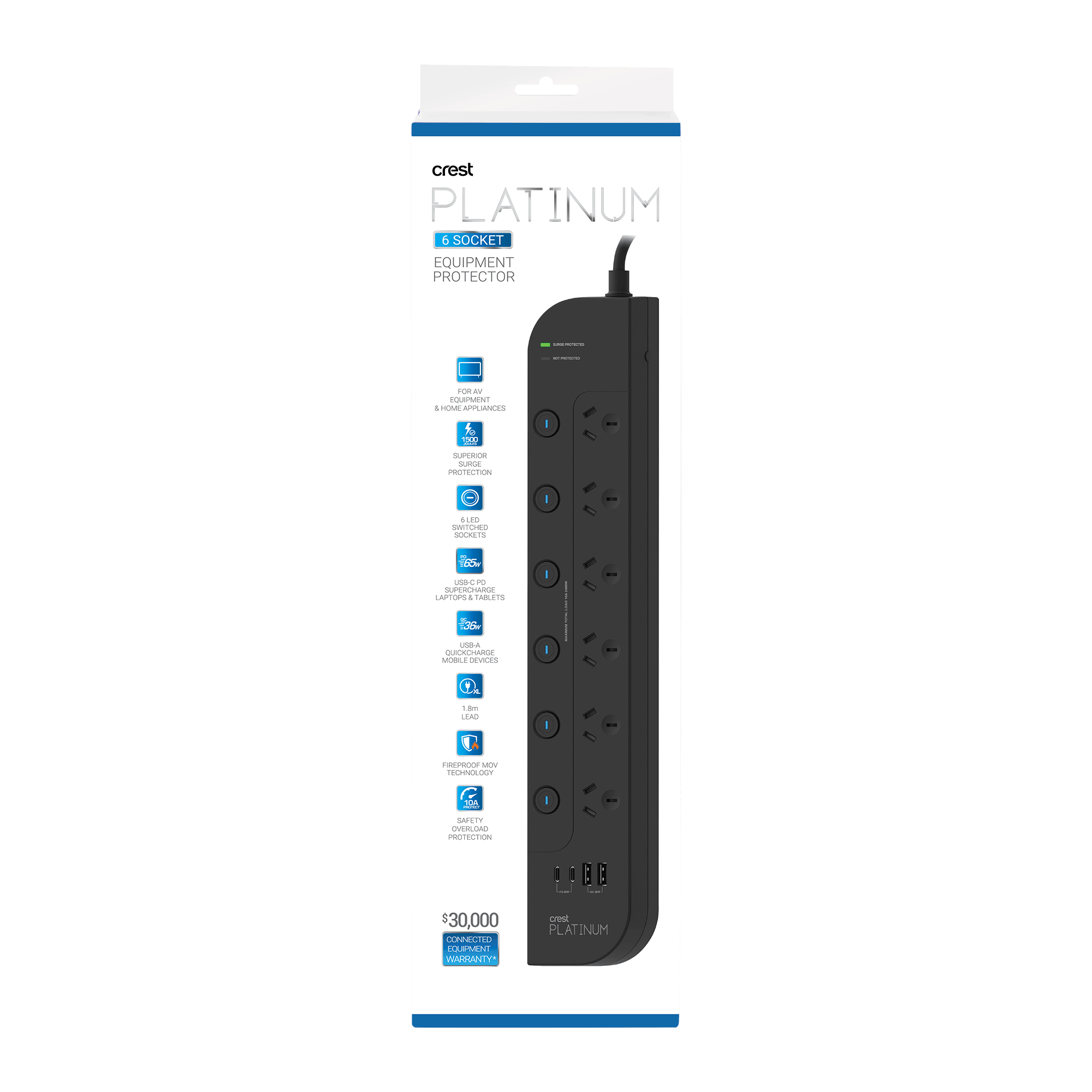Platinum Surge Protector 6 Socket Switched Power Board with 4 USB Ports PD 65W - 1.8M