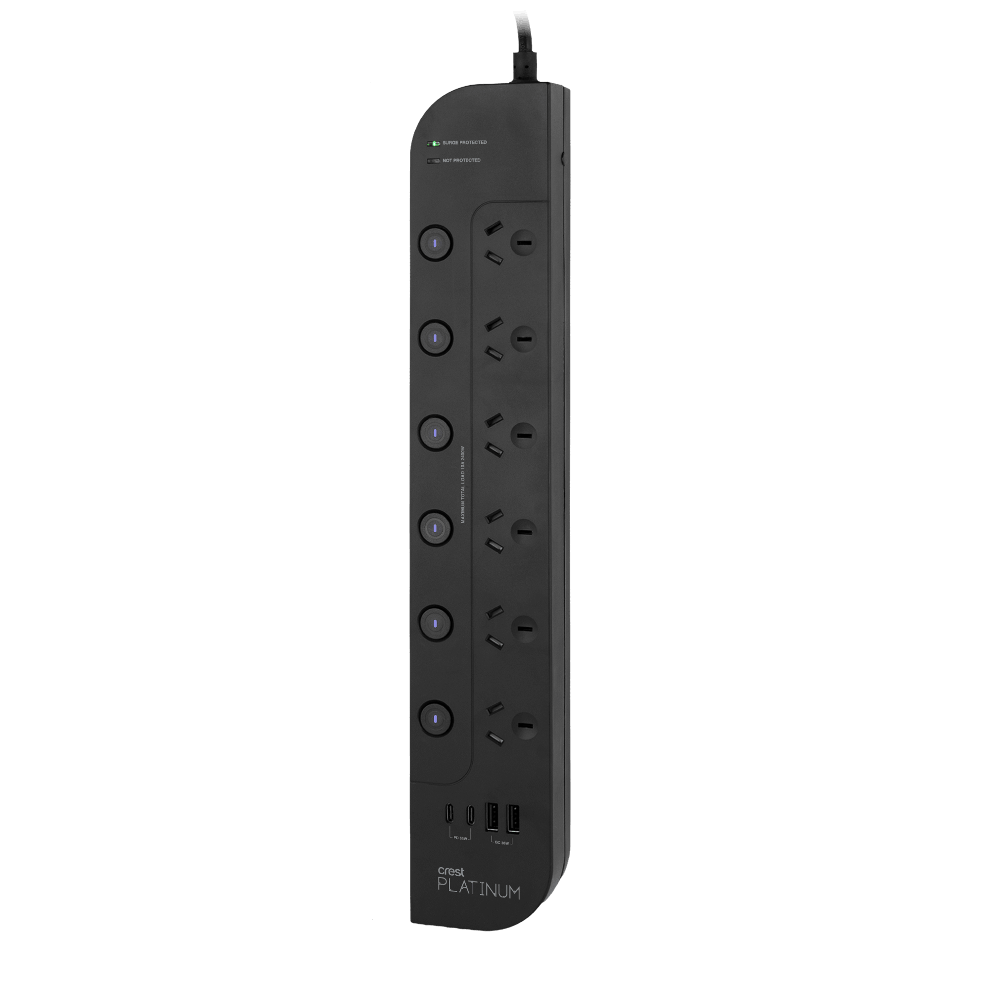 Platinum Surge Protector 6 Socket Switched Power Board with 4 USB Ports PD 65W - 1.8M