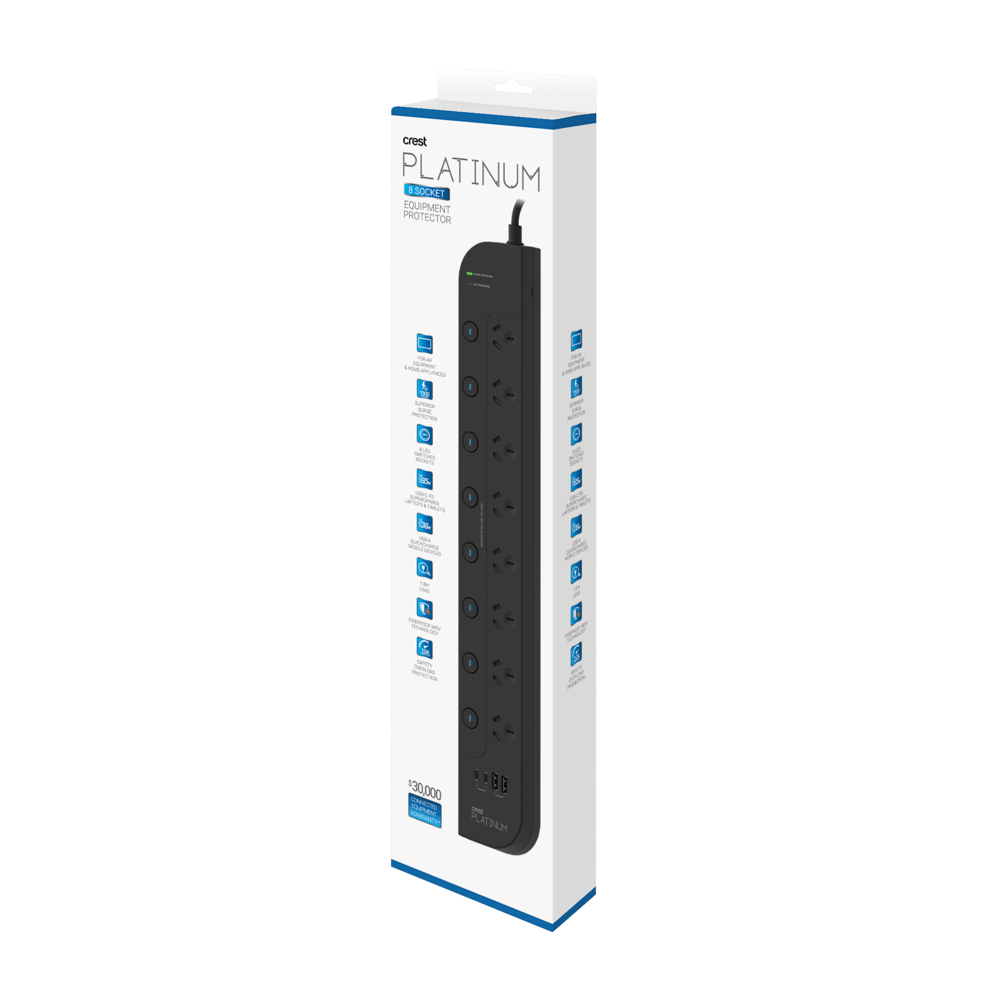 Platinum Surge Protector 8 Socket Switched Power Board with 4 USB Ports PD 65W - 1.8M
