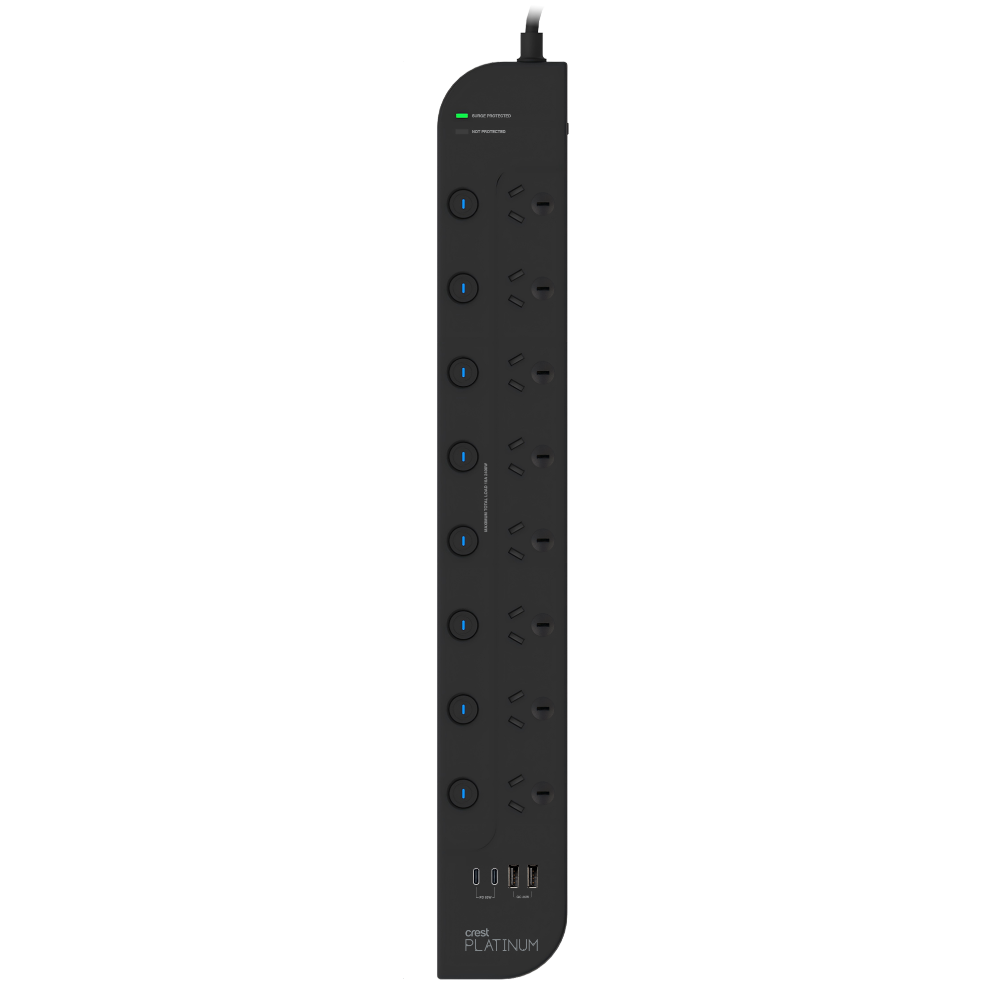 Platinum Surge Protector 8 Socket Switched Power Board with 4 USB Ports PD 65W - 1.8M