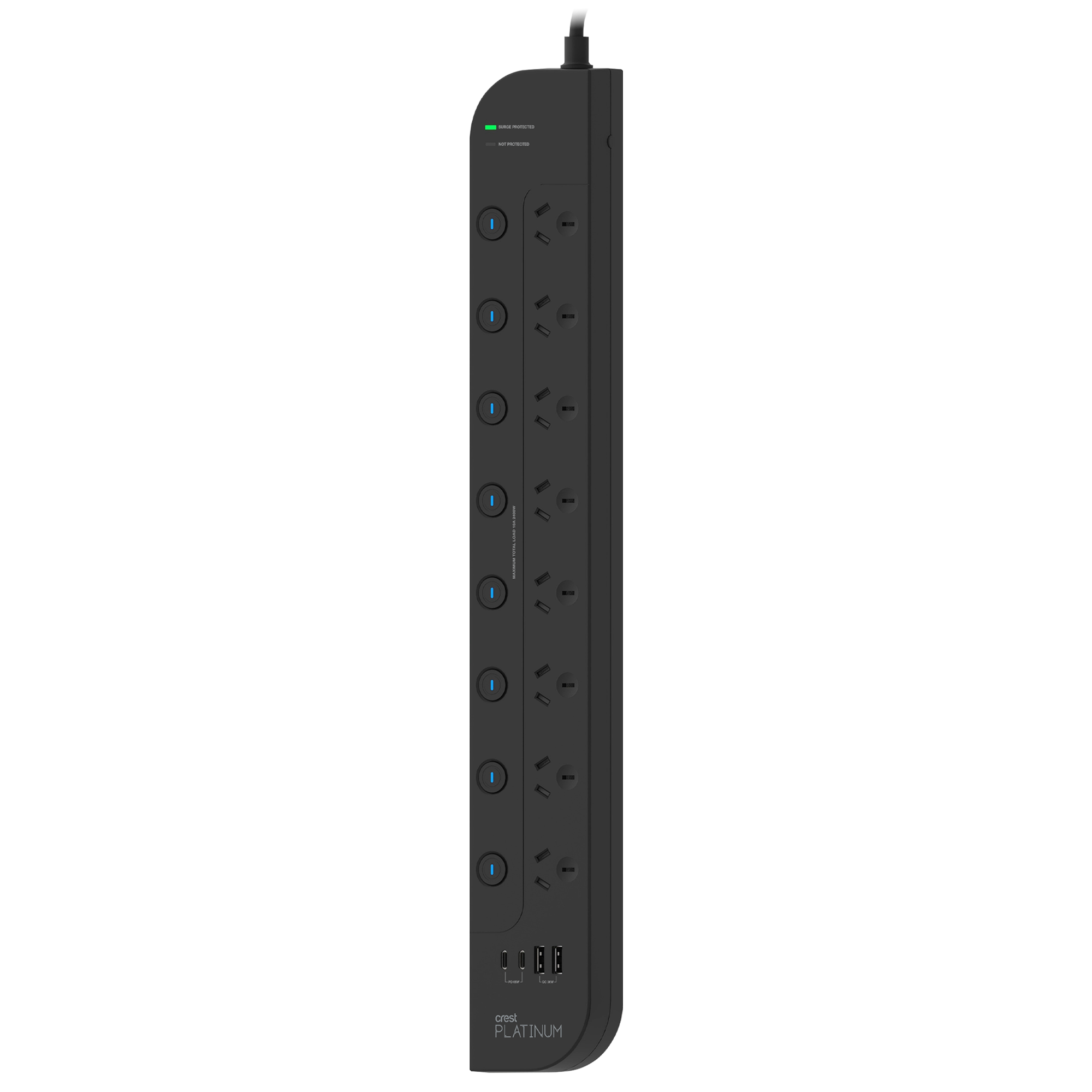 Platinum Surge Protector 8 Socket Switched Power Board with 4 USB Ports PD 65W - 1.8M