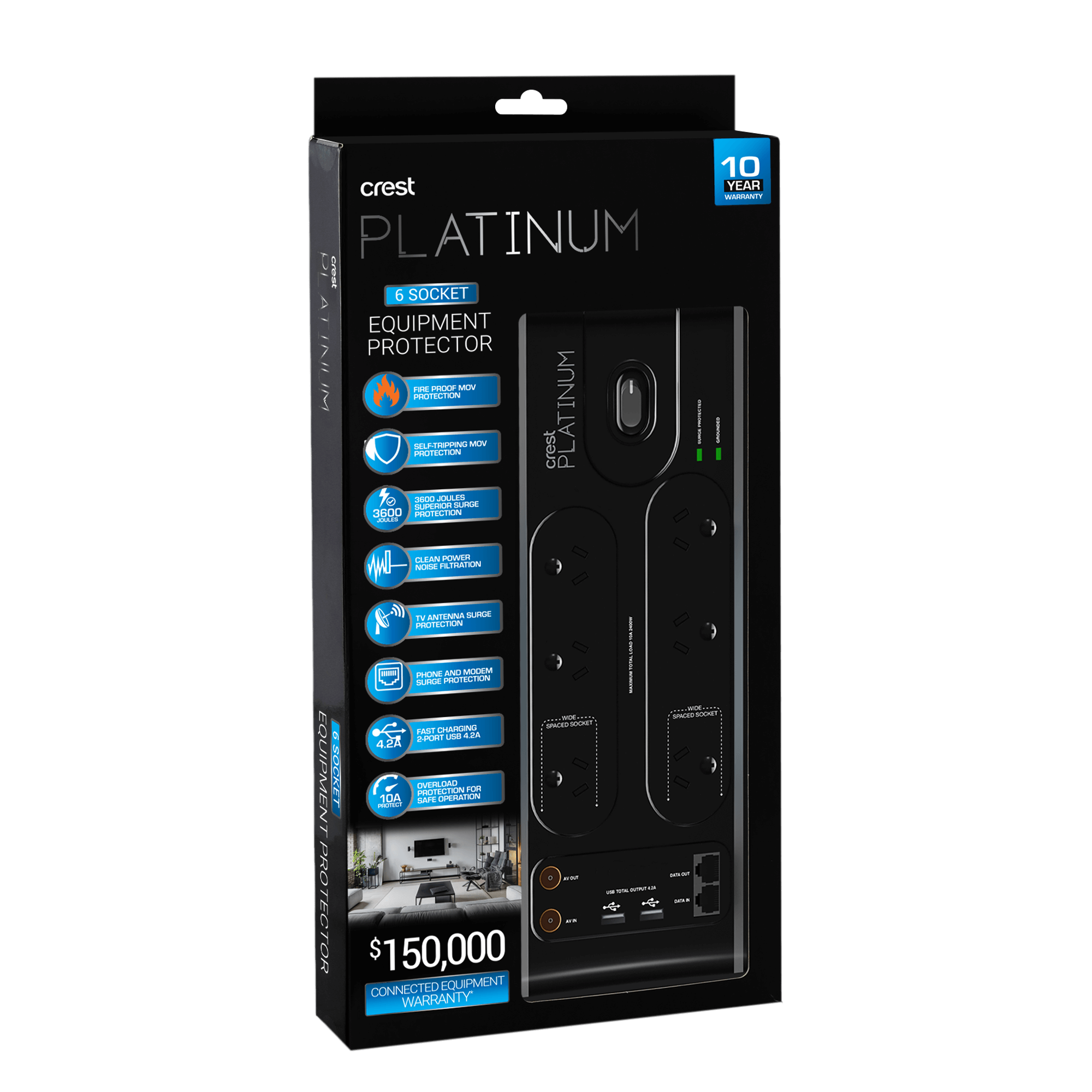 Platinum Power Board 6 Socket 2 USB Surge Coax & Data