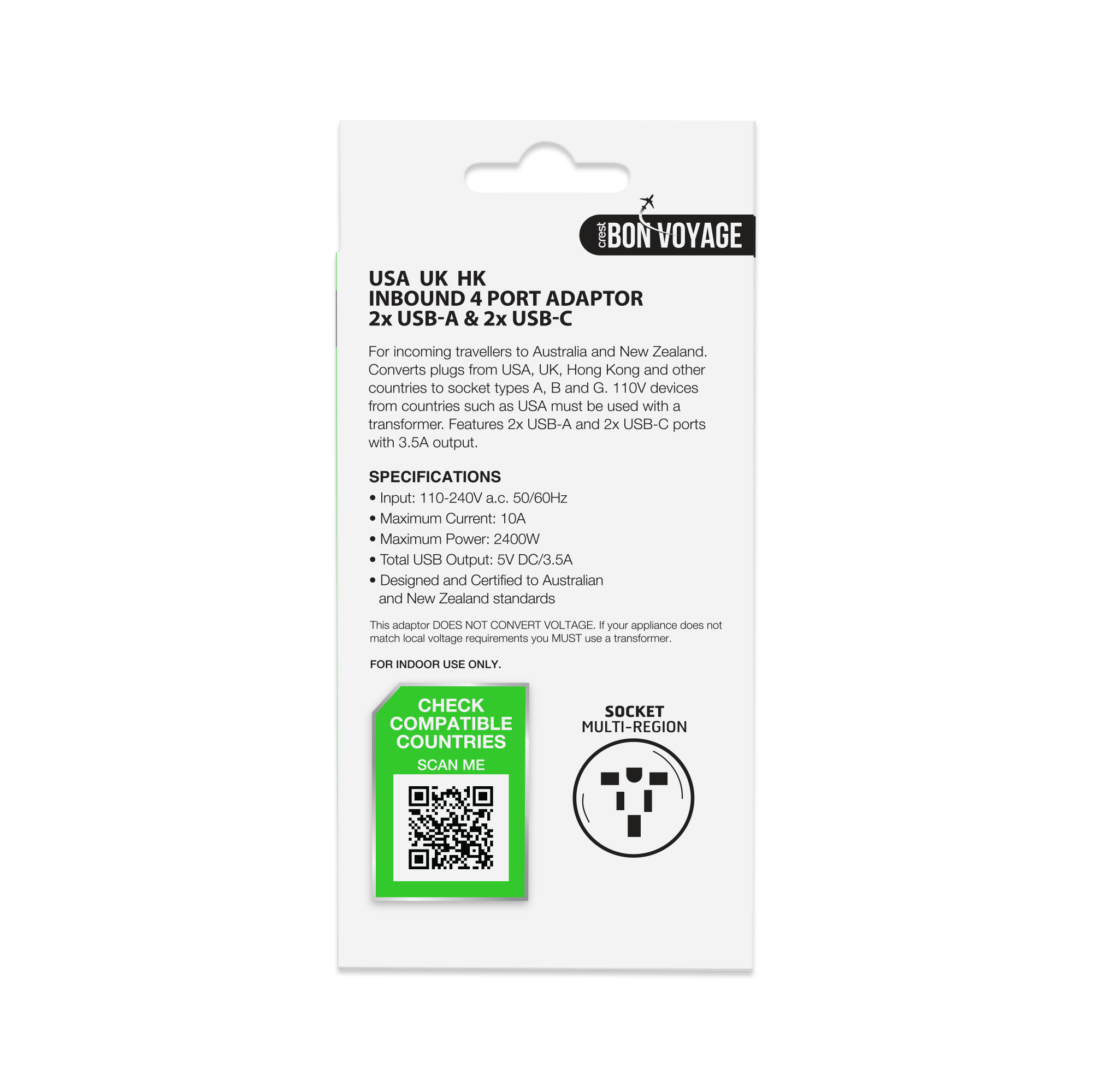 Bon Voyage USA UK HK Inbound Adaptor with 4 USB Ports