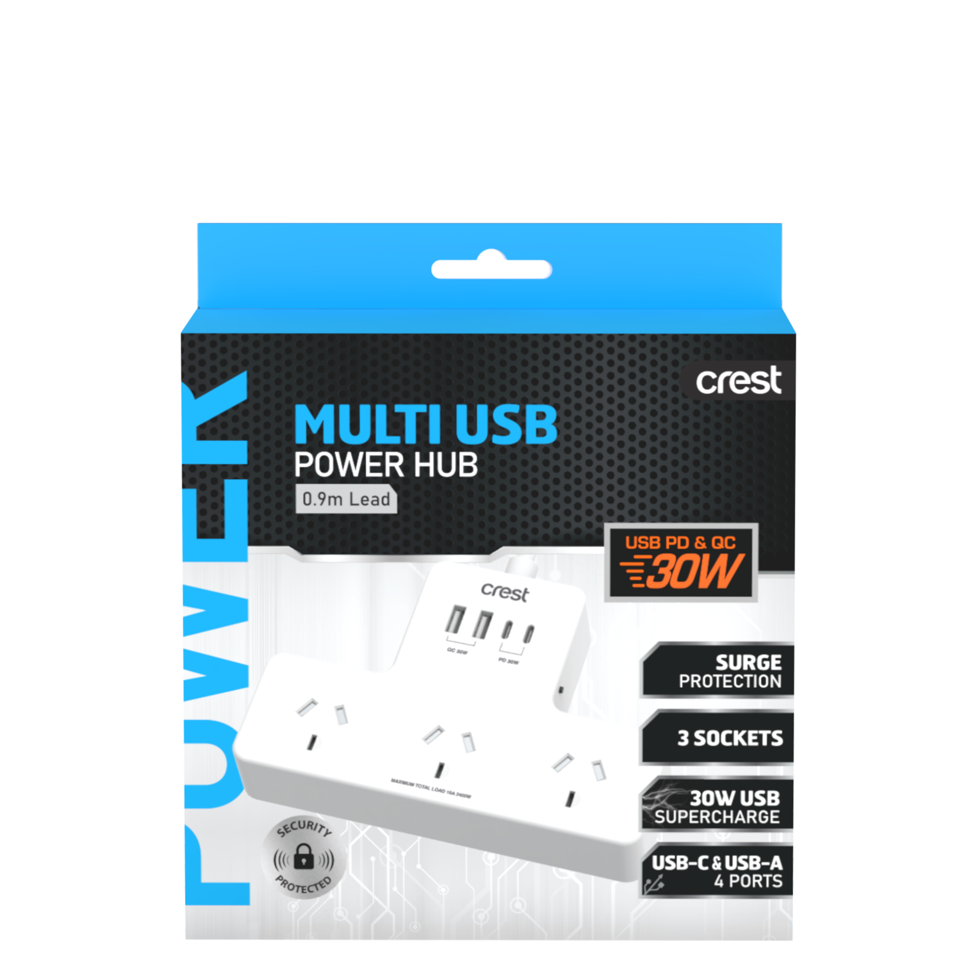 PD 30W Power Hub 3 Sockets with 4 USB Ports & Surge Protection
