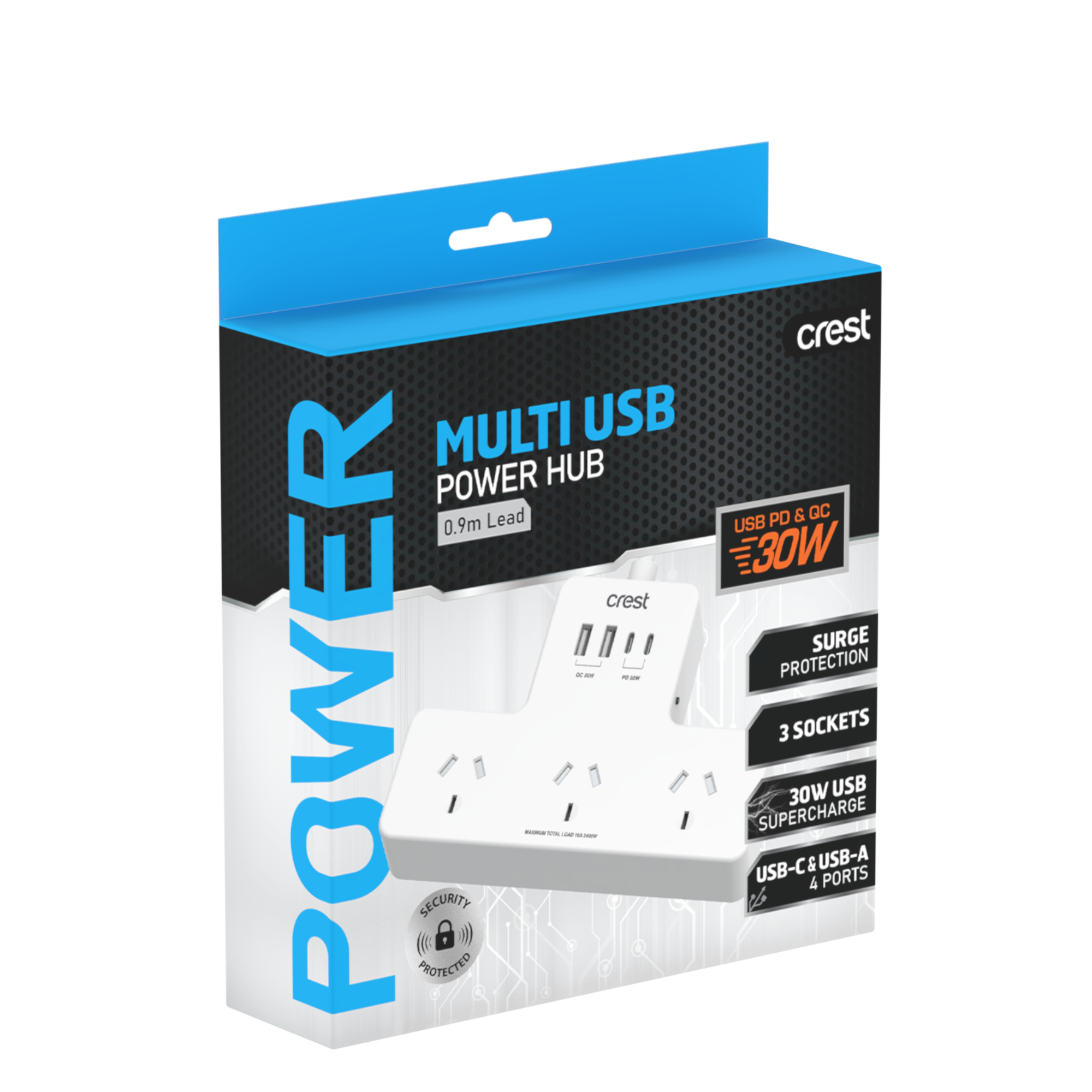 PD 30W Power Hub 3 Sockets with 4 USB Ports & Surge Protection