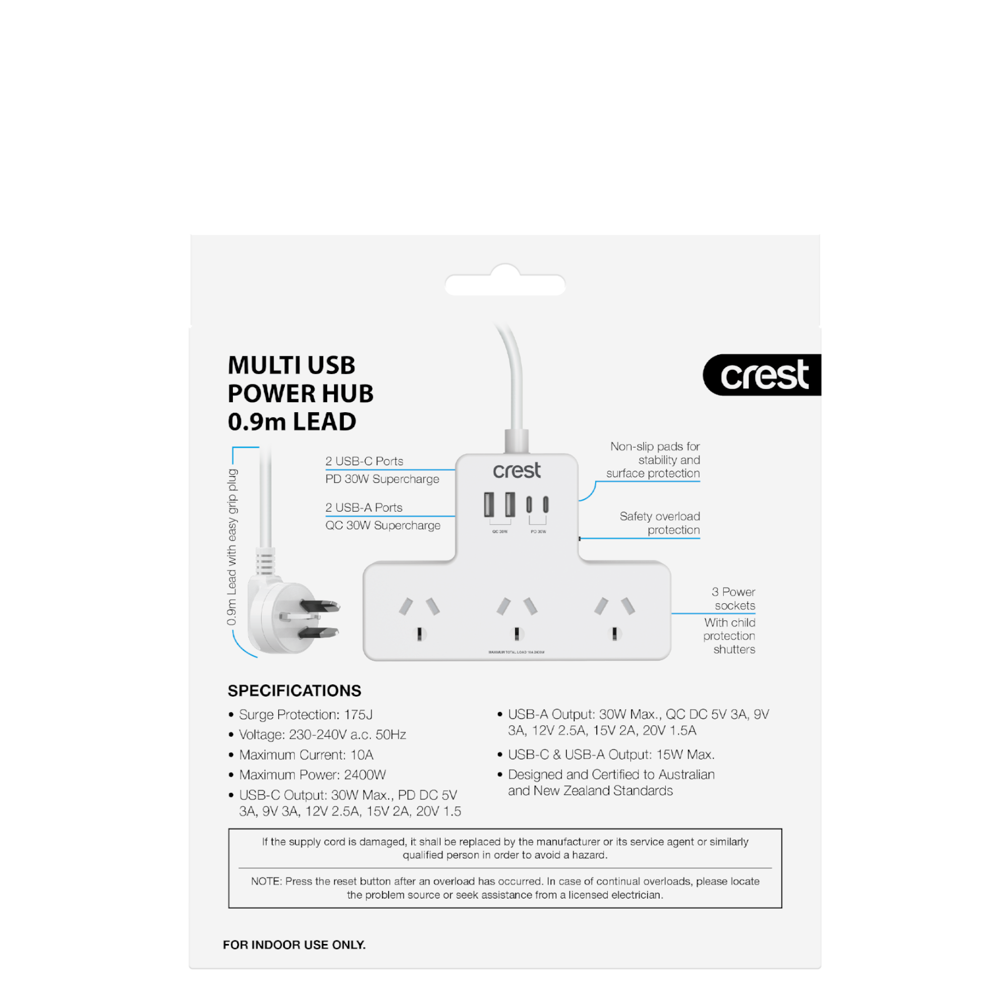 PD 30W Power Hub 3 Sockets with 4 USB Ports & Surge Protection