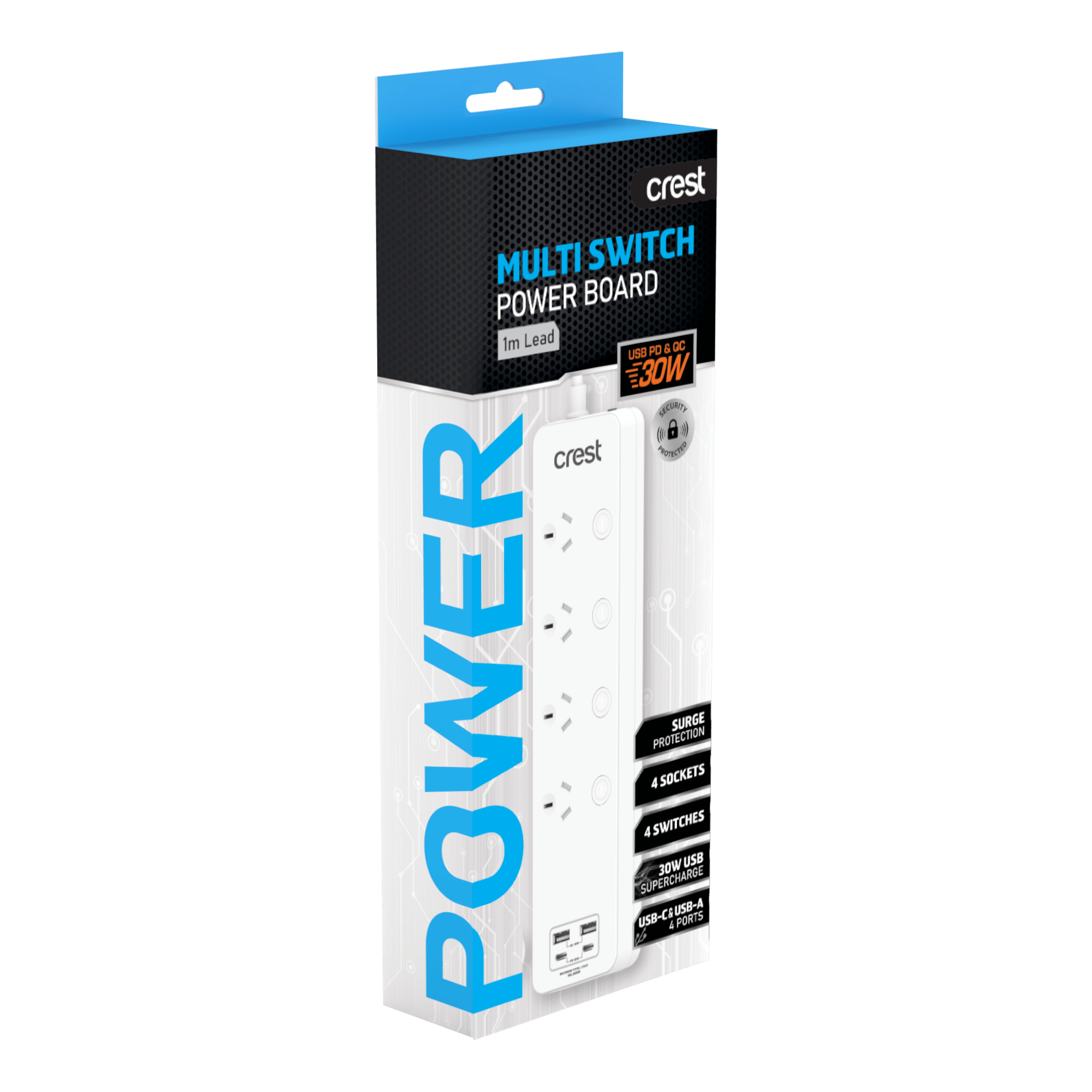 PD 30W Power Board 4 Sockets Switched with 4 USB Ports & Surge Protection