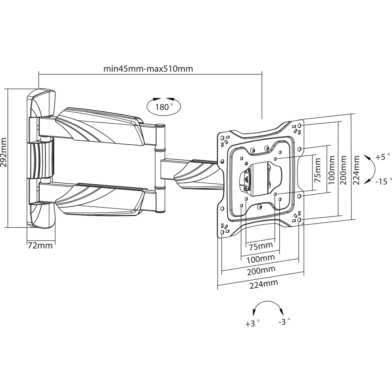 Full Motion TV Wall Mount Superior Control - 23" - 47"