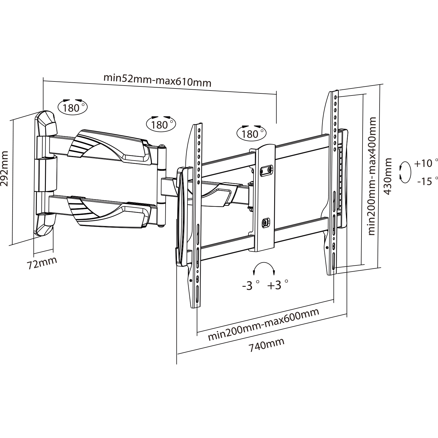 Full Motion TV Wall Mount Superior Control - 37" - 70"