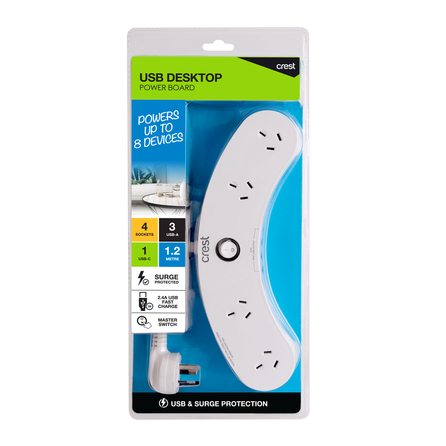 Curved Desktop Power Board 4 Sockets with USB Charging