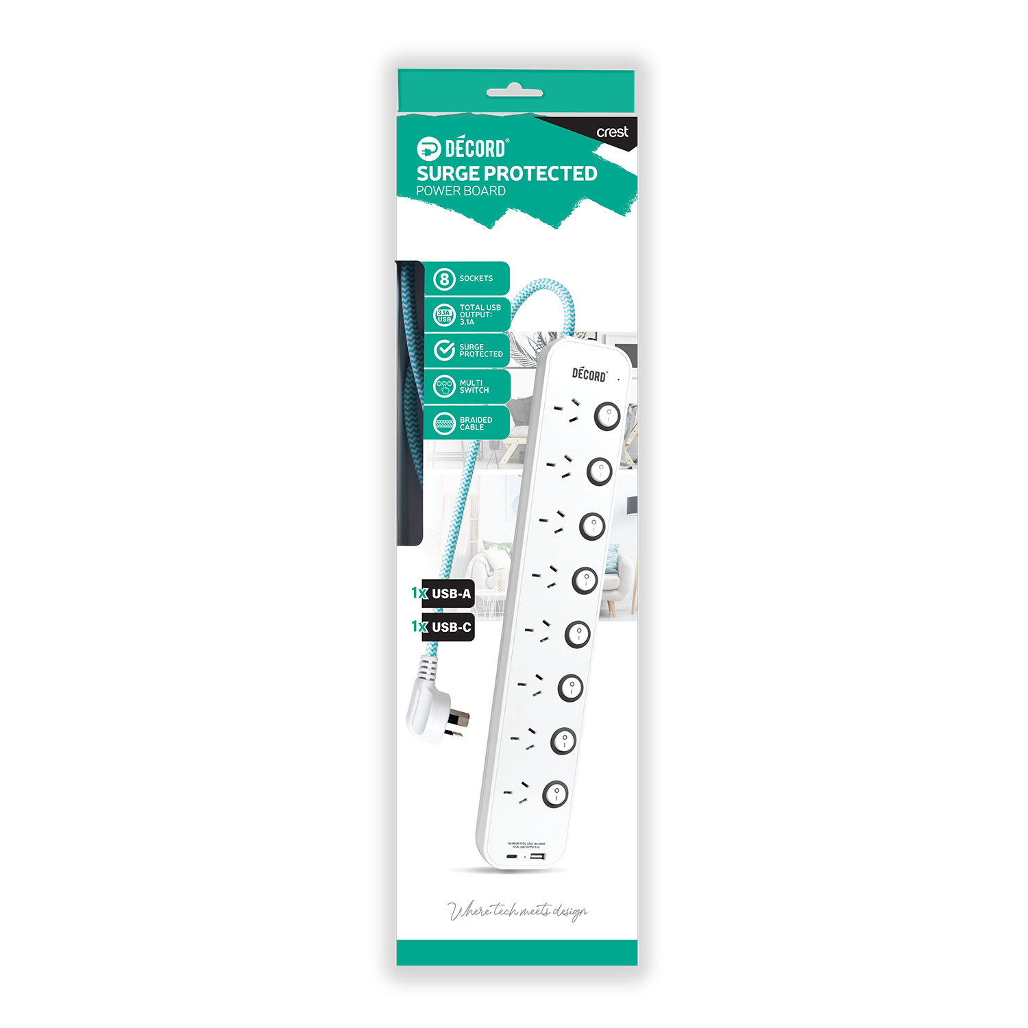 Décord Power Board 8 Sockets with Individual Switches & USB Charging