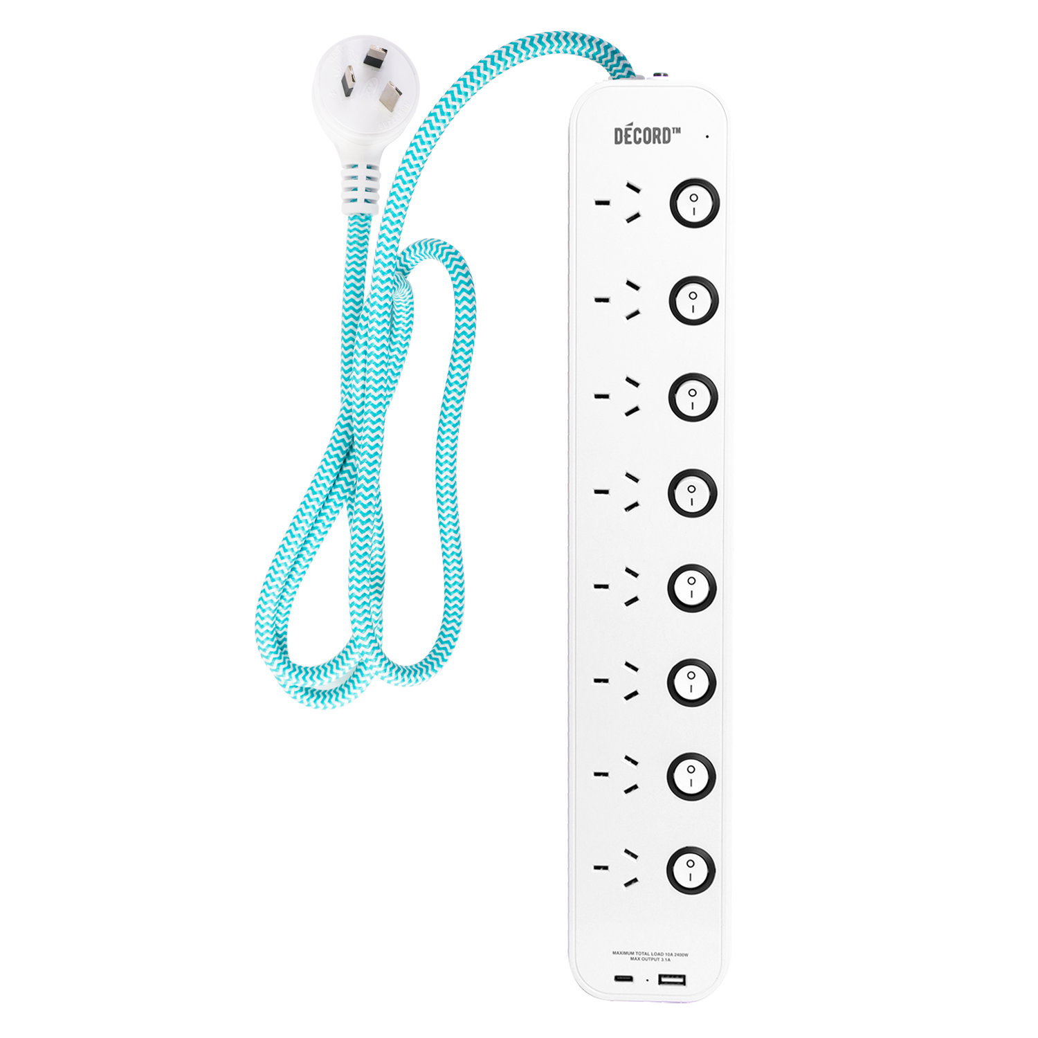 Décord Power Board 8 Sockets with Individual Switches & USB Charging