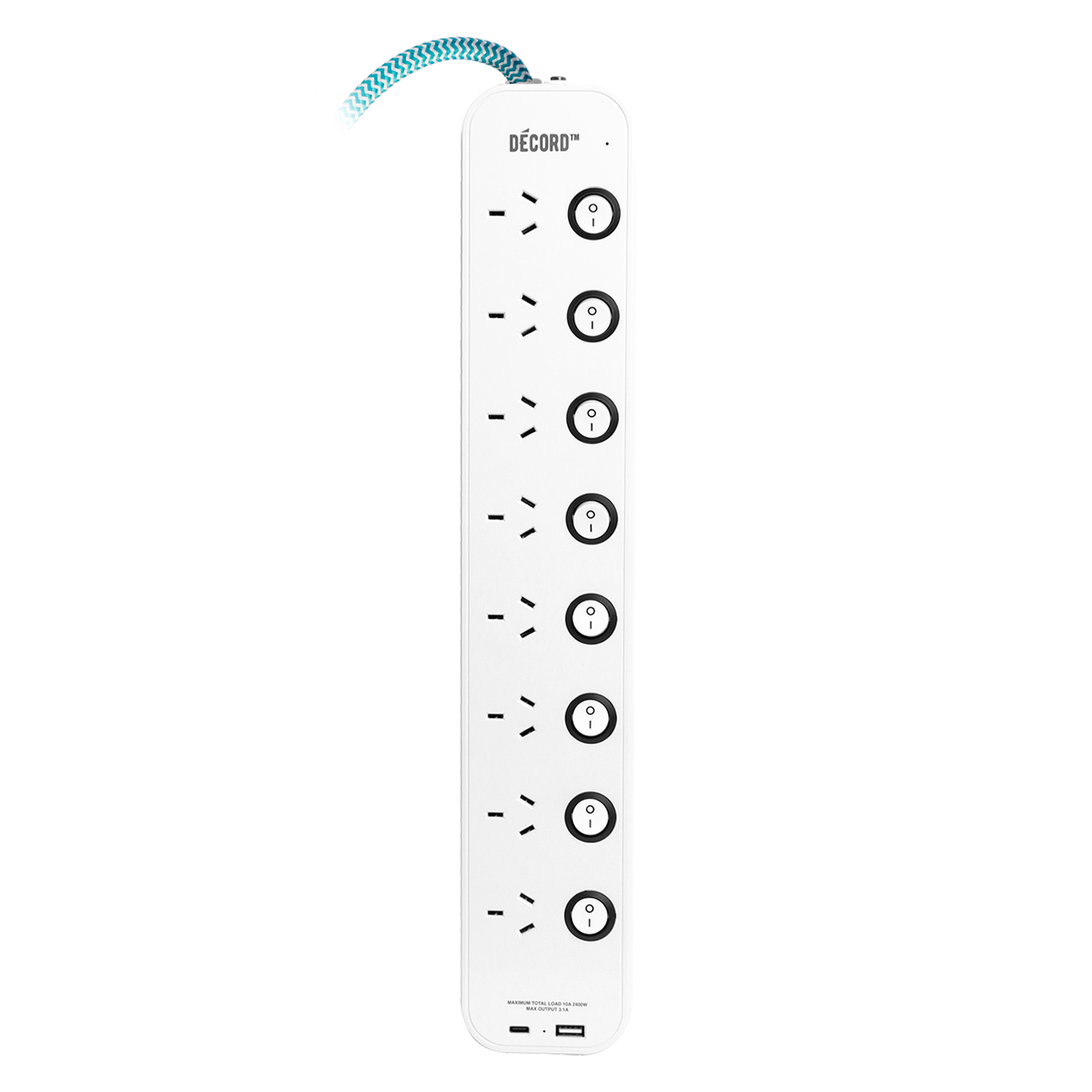 Décord Power Board 8 Sockets with Individual Switches & USB Charging