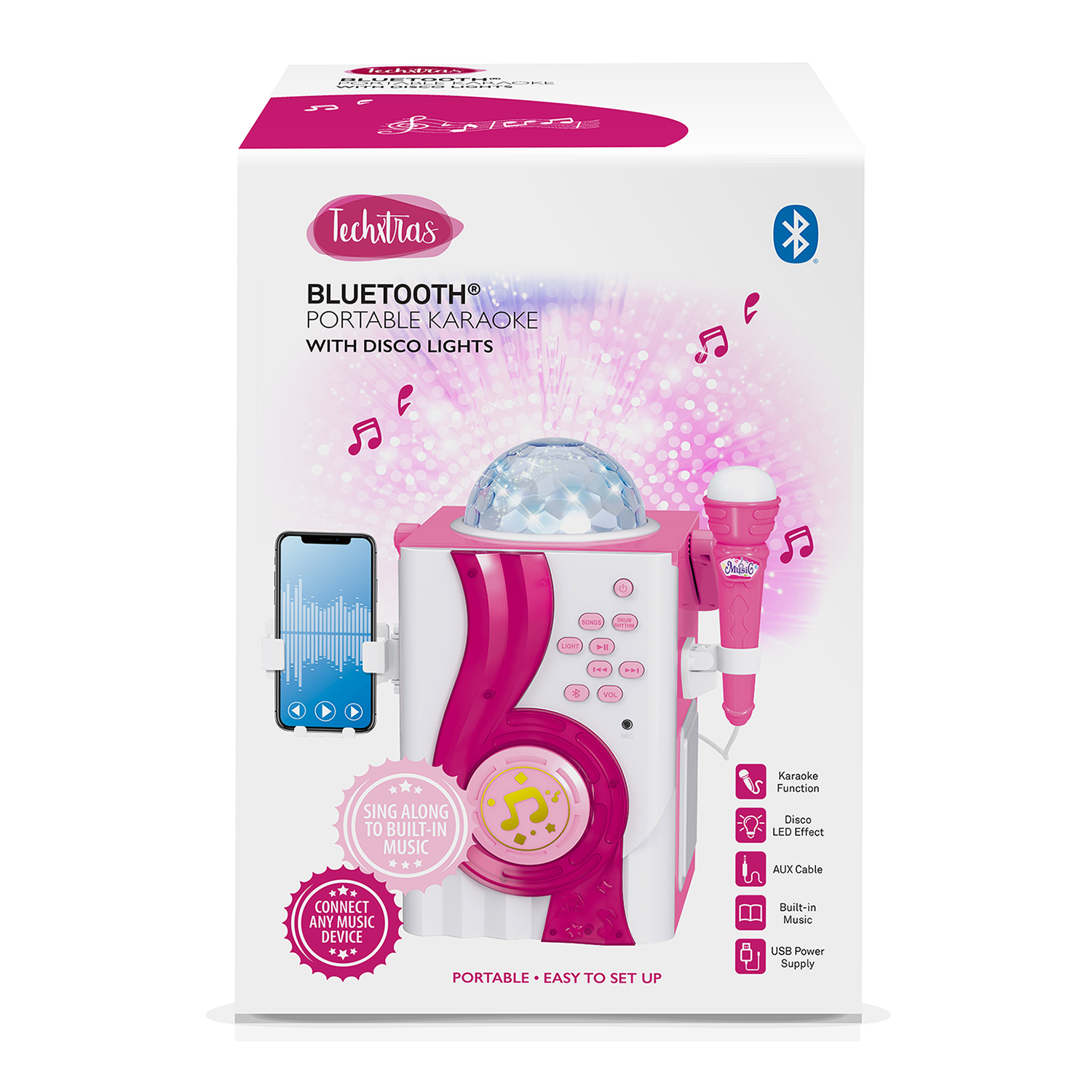 TechXtras Bluetooth Karaoke With Disco Lights Pink