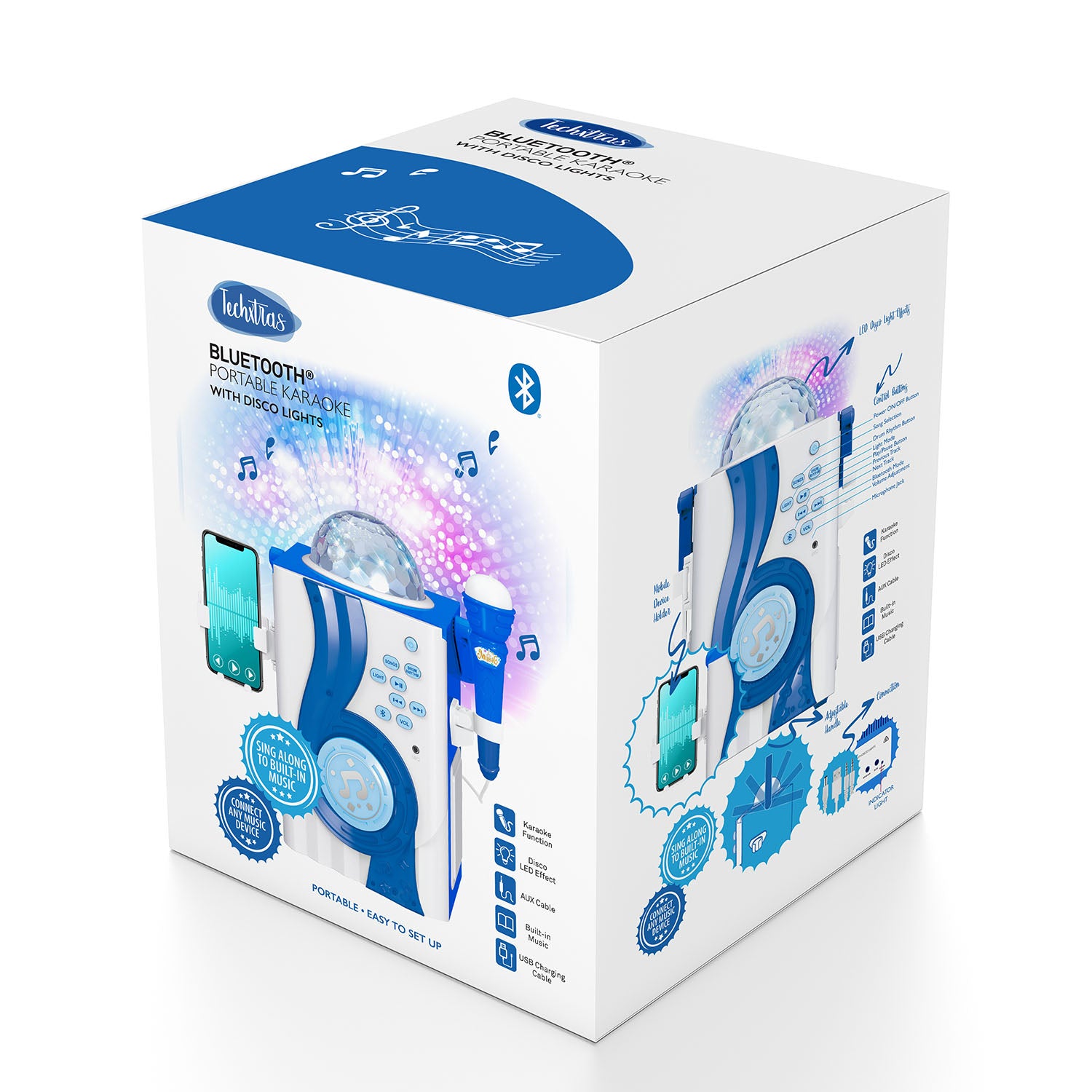 TechXtras Bluetooth Portable Karaoke With Disco Lights Blue