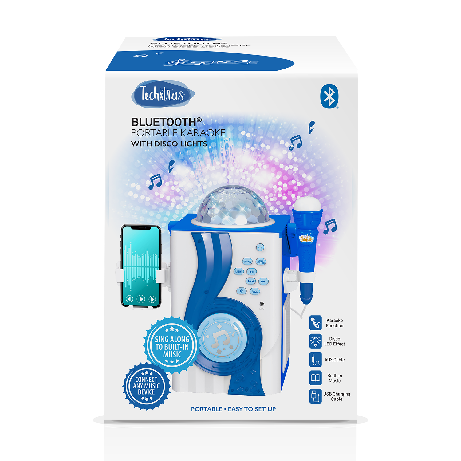 TechXtras Bluetooth Portable Karaoke With Disco Lights Blue