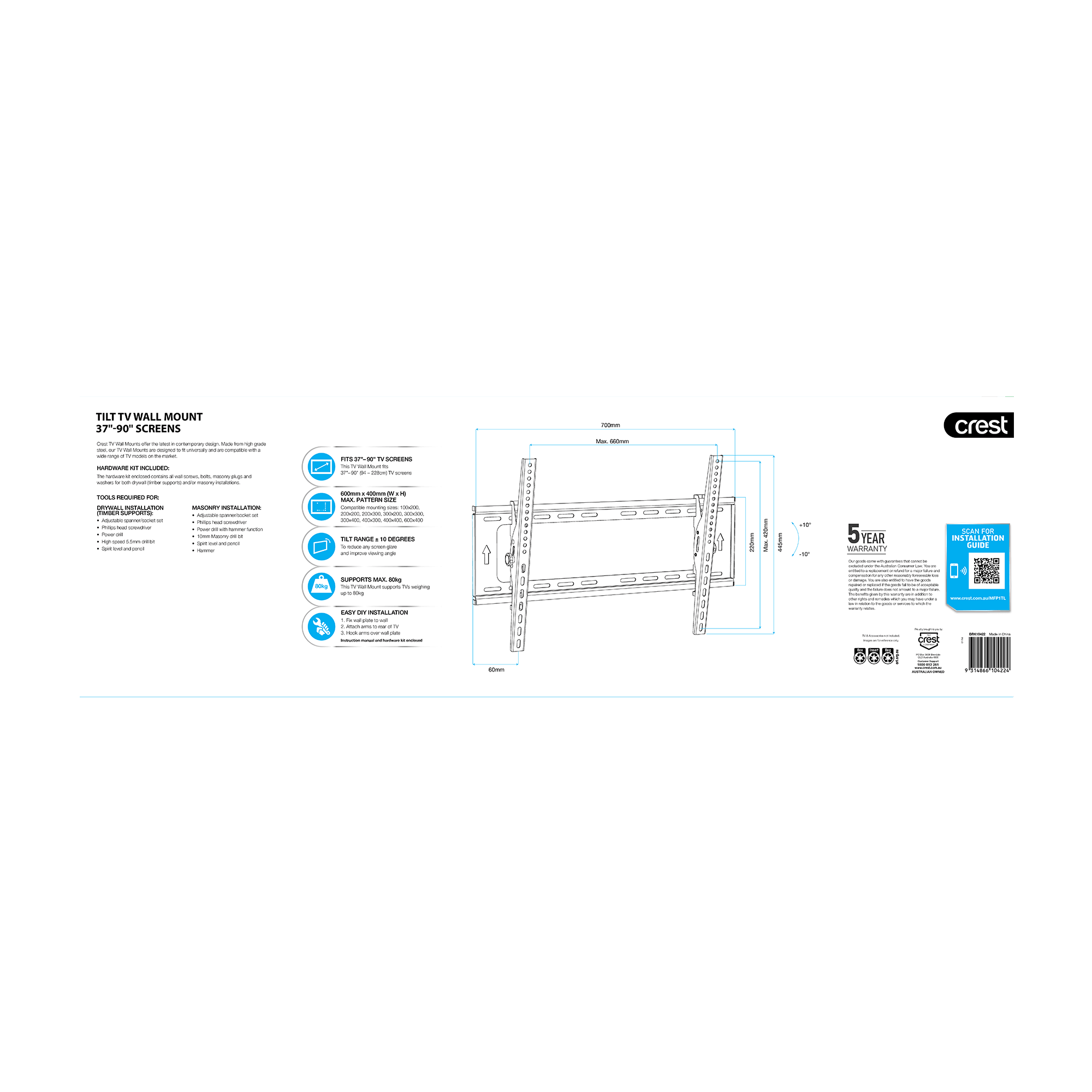 Crest Tilt Action TV Wall Mount - 37" to 90"