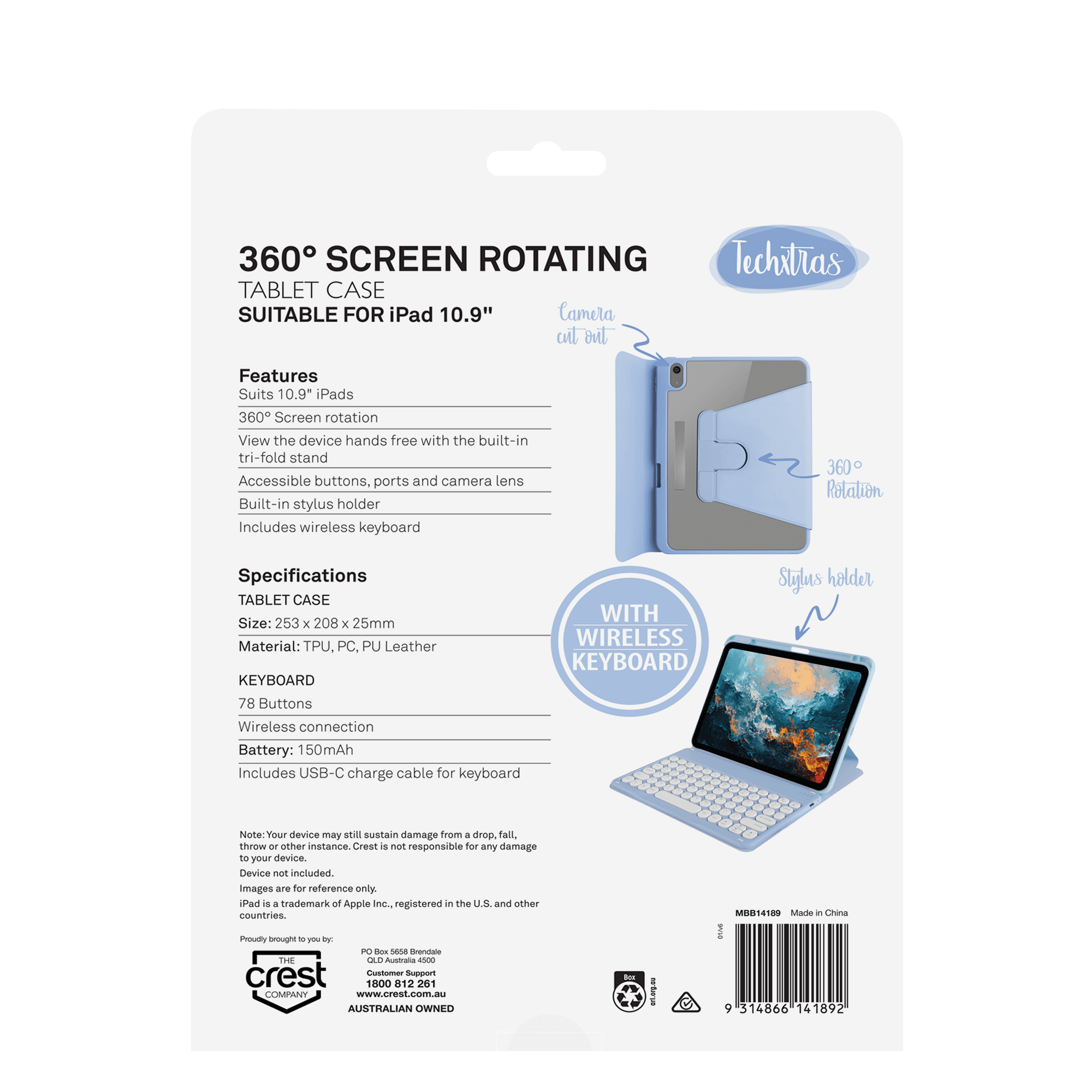 TechXtras 360° Screen Rotating Tablet Case iPad 10.9'' - Blue