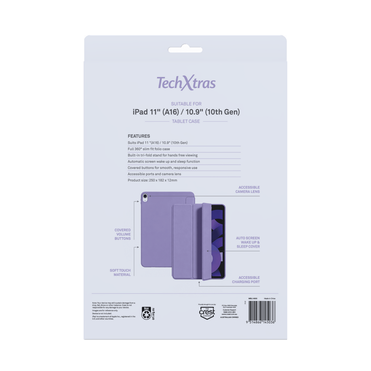 TechXtras Tablet Case Folio iPad 11" A16/10.9" 10th Gen - Lavender