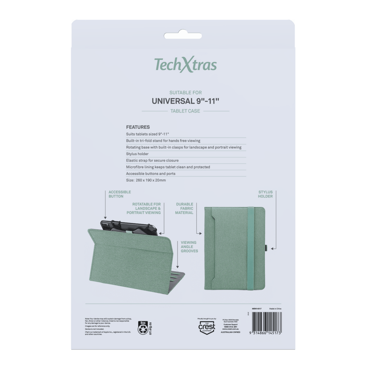 TechXtras Universal Tablet Case 9"-11" Fabric - Mint