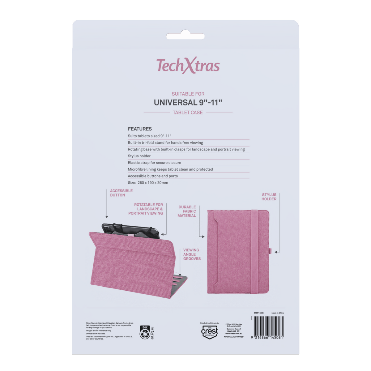 TechXtras Universal Tablet Case 9"-11" Fabric - Pink