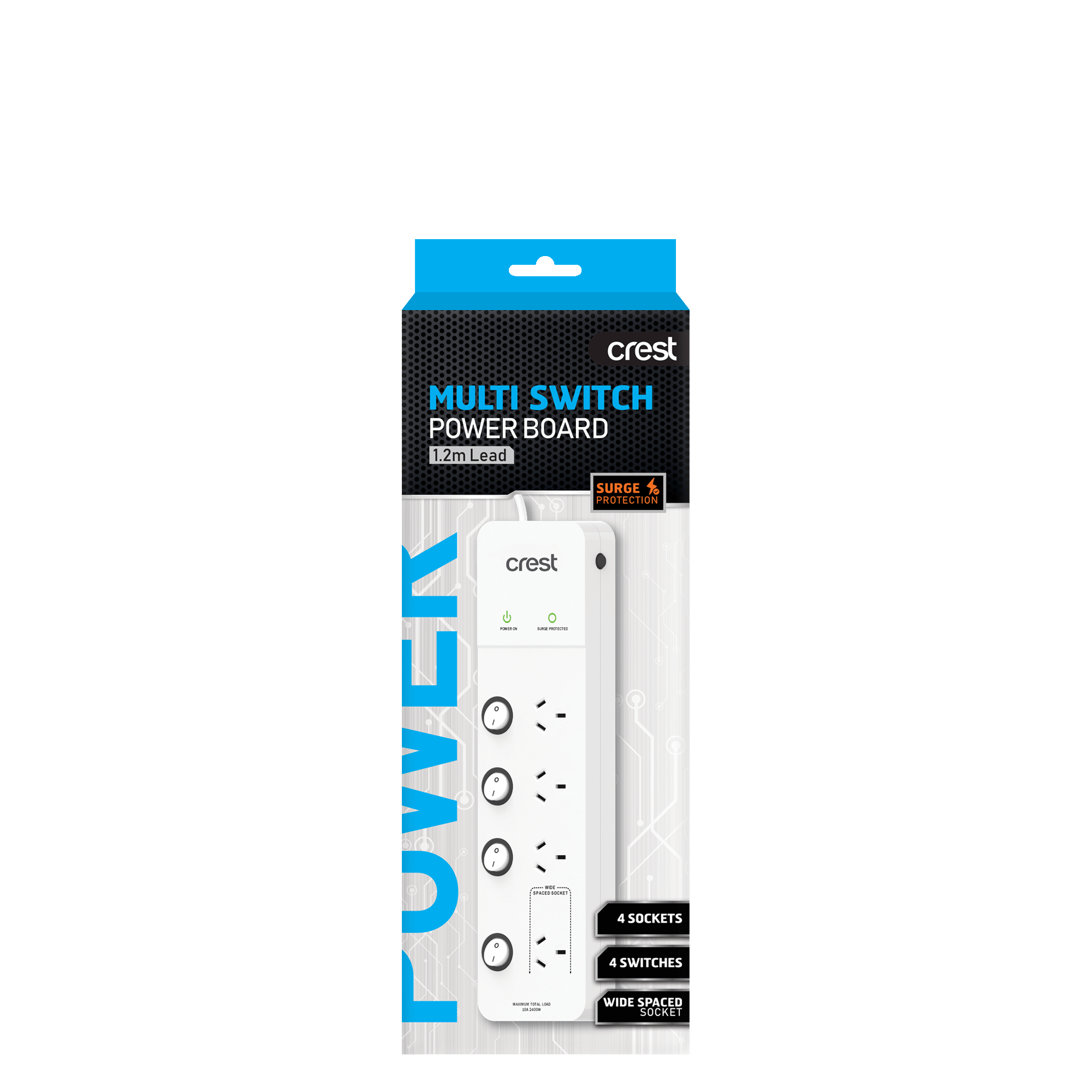 Power Board 4 Sockets with 4 Switches & Surge Protection